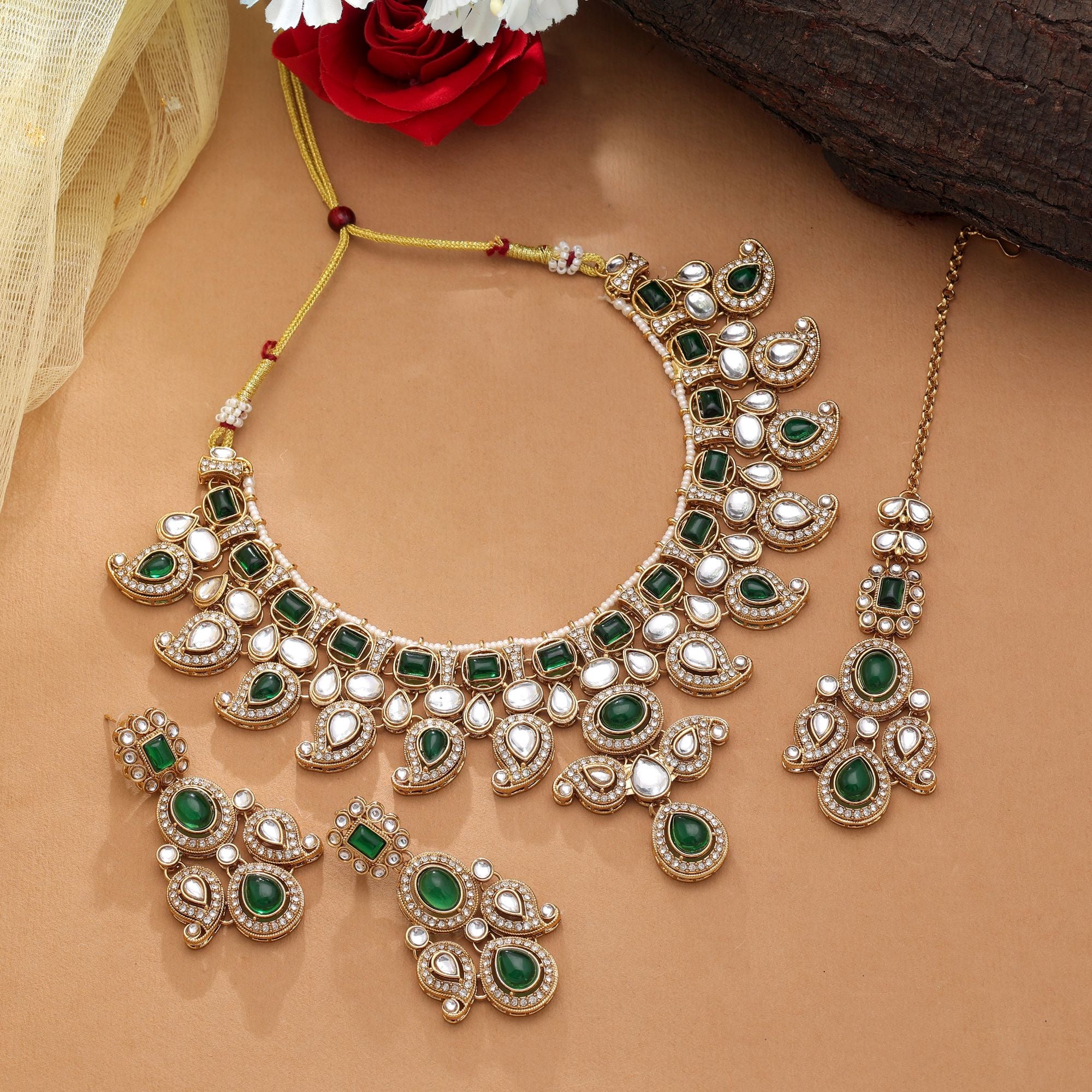 Kundan Necklace with Earrings &amp; Tikka - gold | white