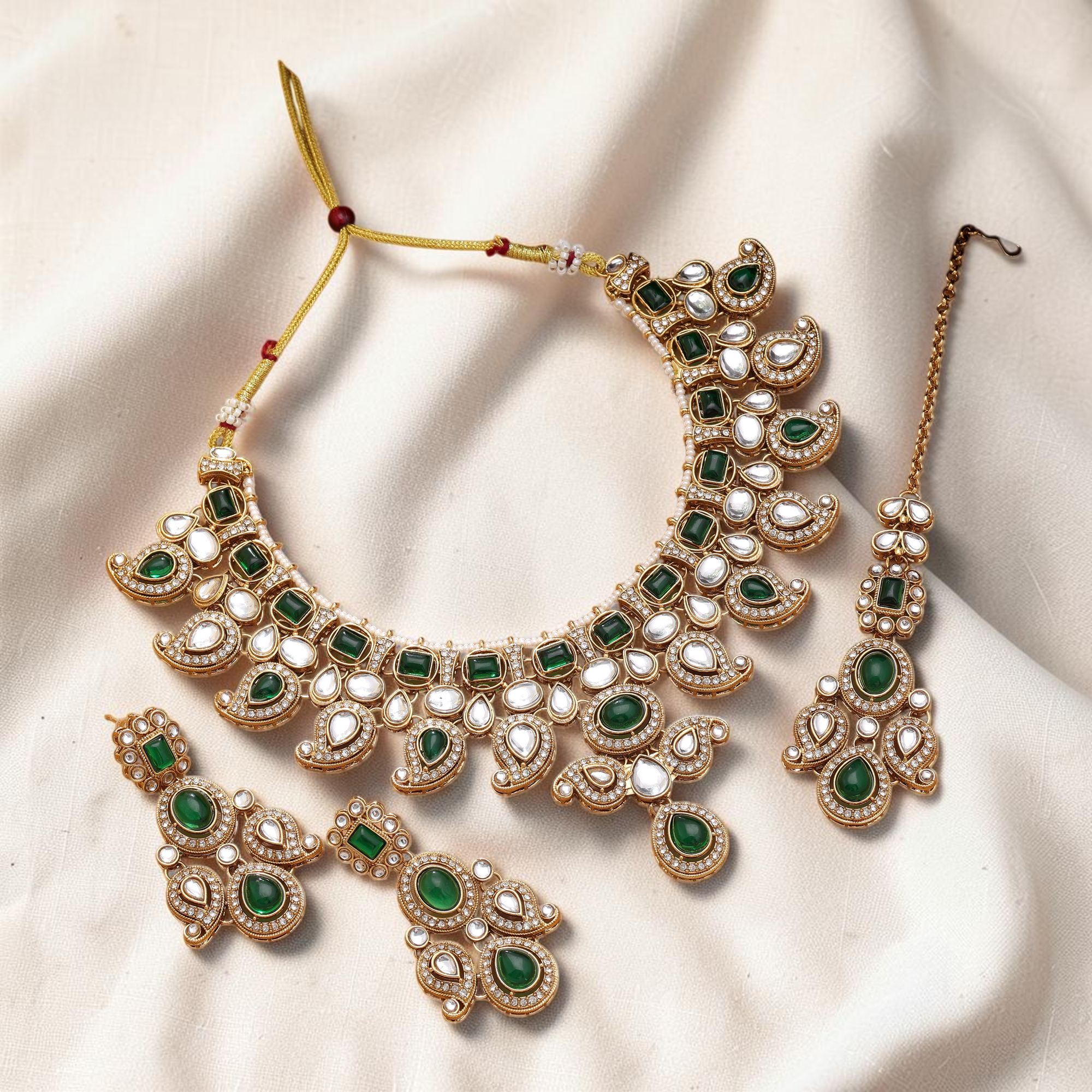 Kundan Necklace with Earrings &amp; Tikka - gold | white