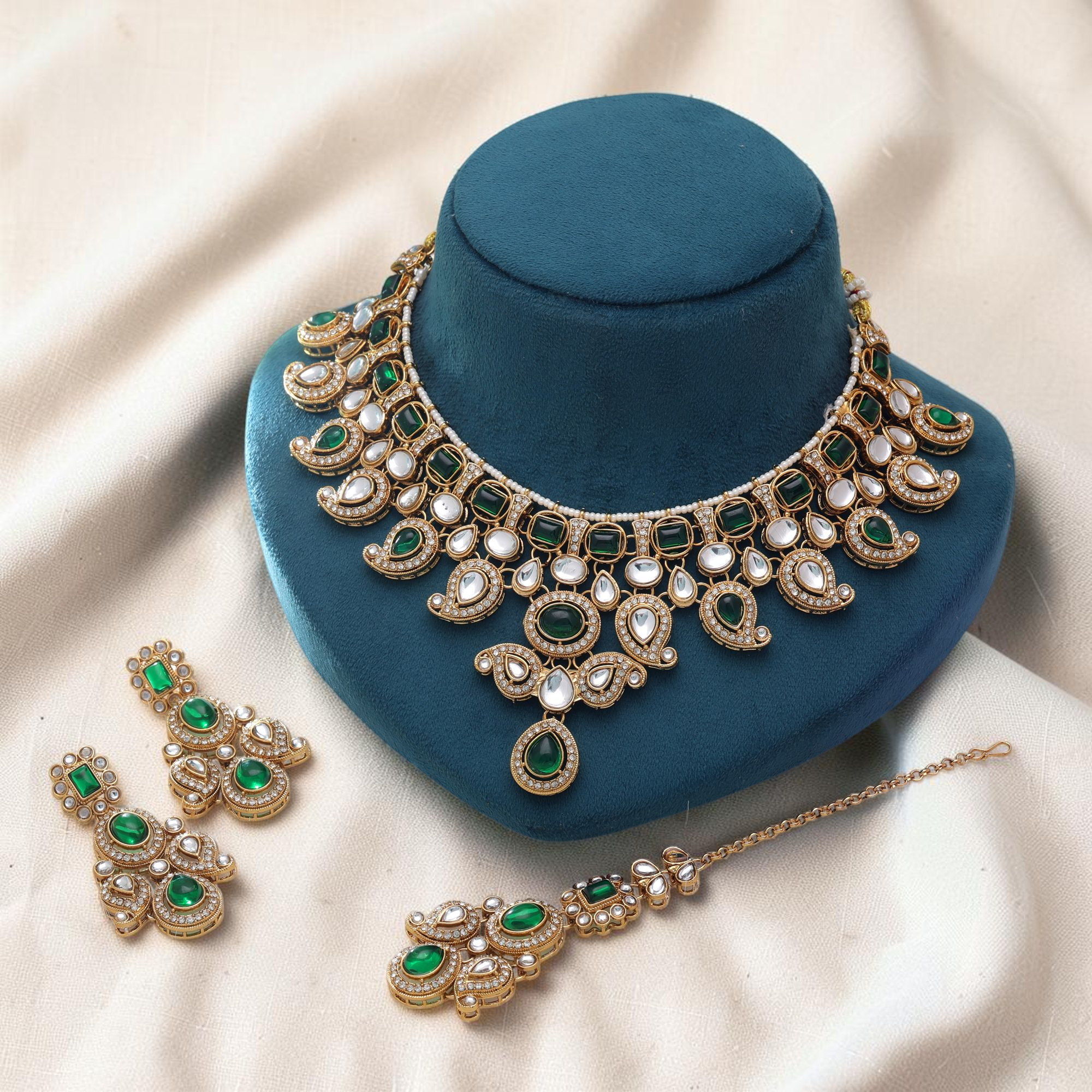 Kundan Necklace with Earrings &amp; Tikka - gold | white