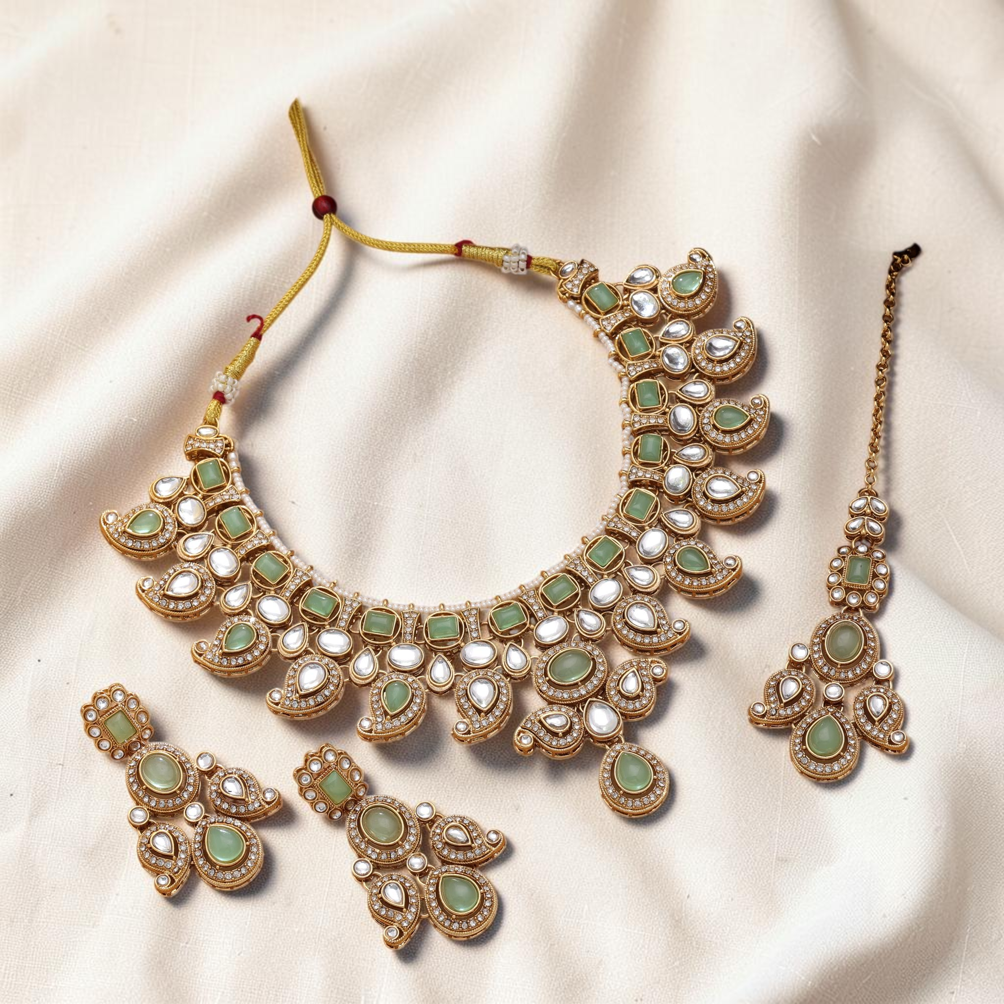 Kundan Halskette mit Ohrringe & Tikka - gold | mint
