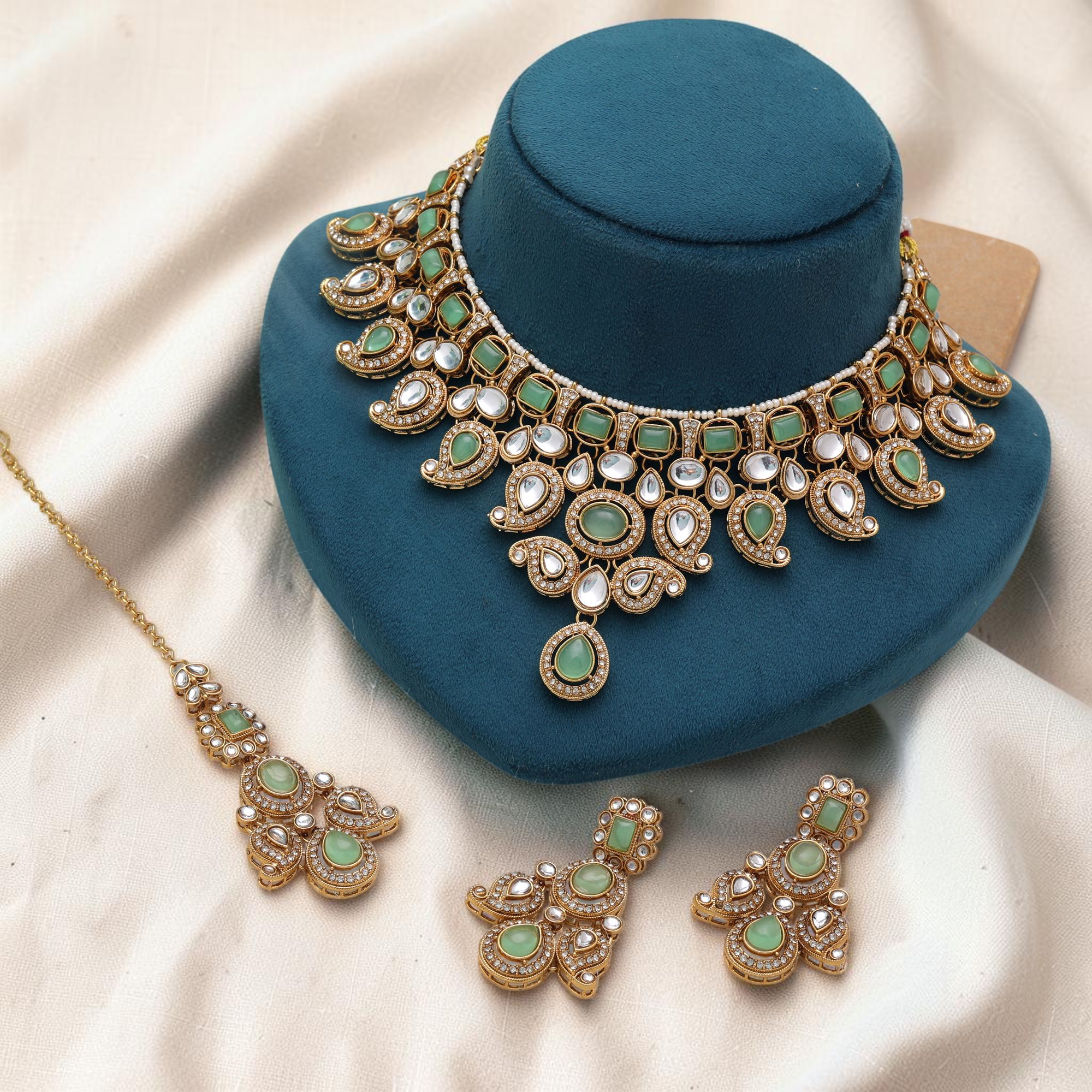 Kundan Halskette mit Ohrringe & Tikka - gold | mint