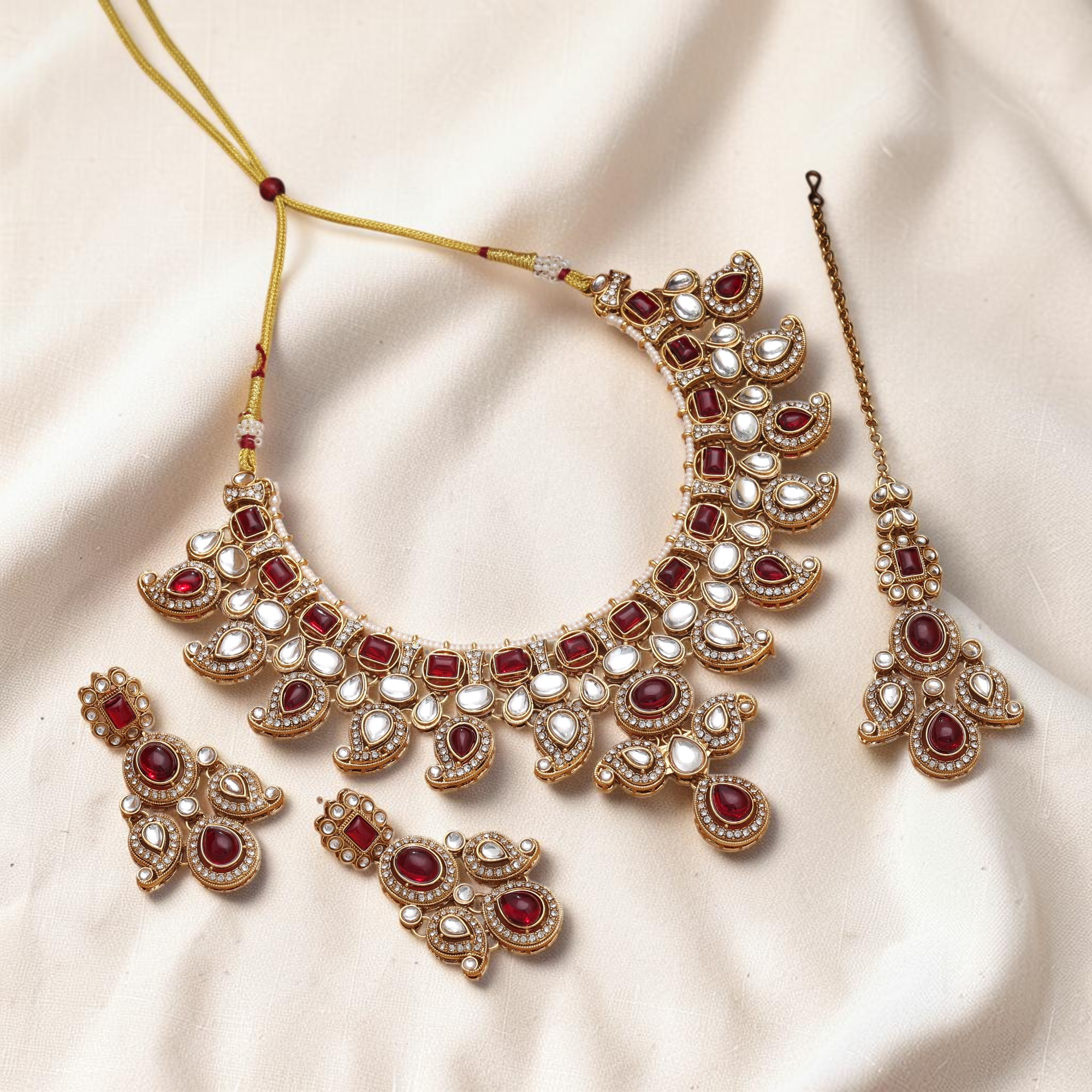 Kundan Necklace with Earrings &amp; Tikka - gold | white