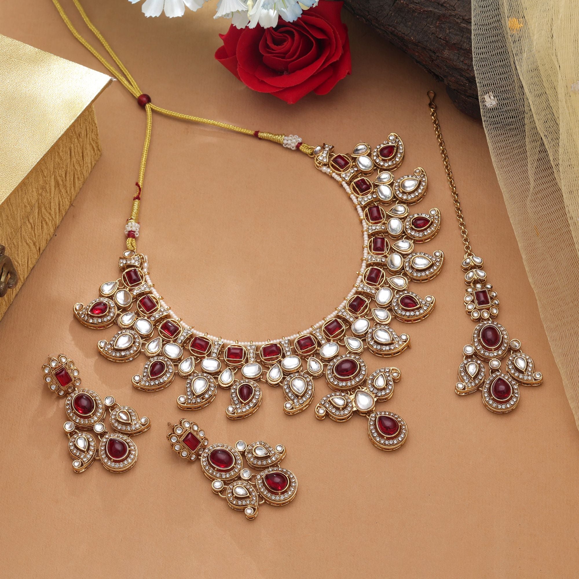 Kundan Necklace with Earrings &amp; Tikka - gold | white