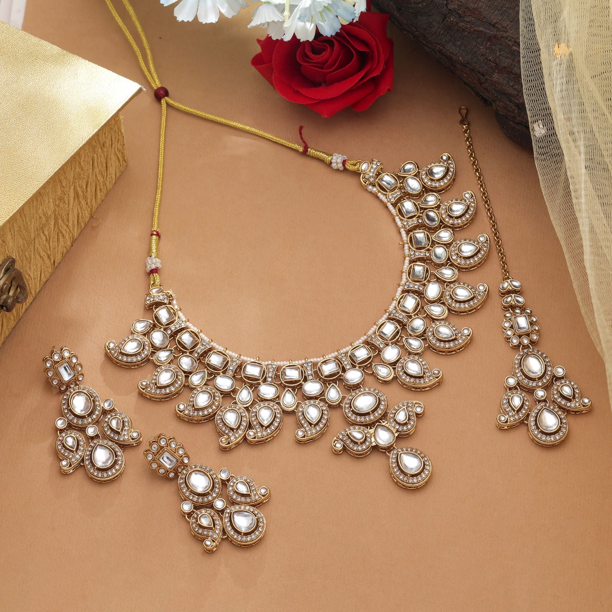 Kundan Necklace with Earrings &amp; Tikka - gold | white