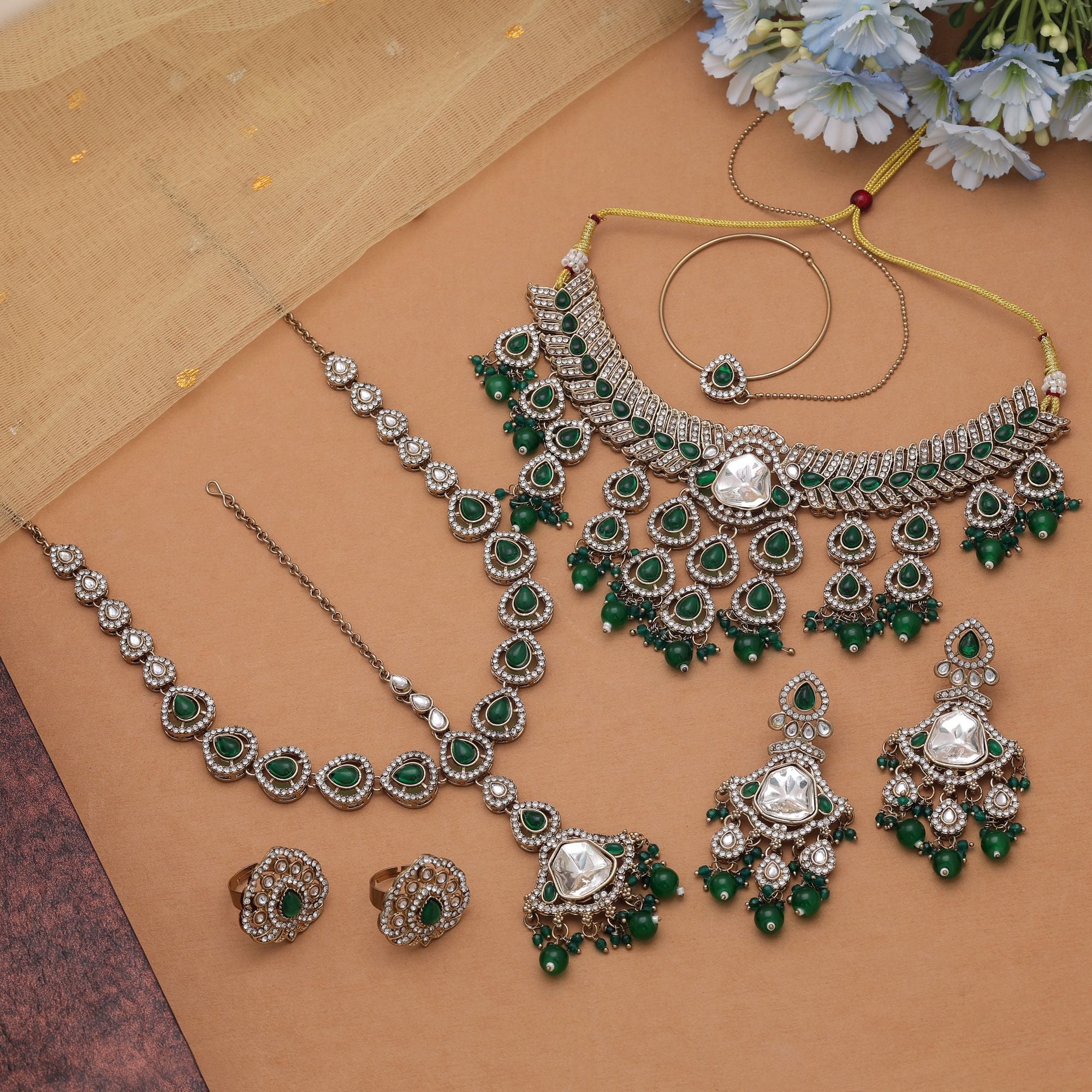 Kundan Necklace with Earrings &amp; Tikka - gold | white