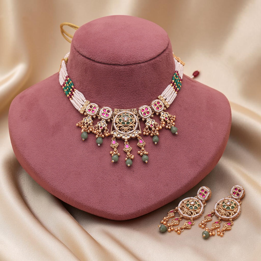 Temple necklace with earrings - matte gold