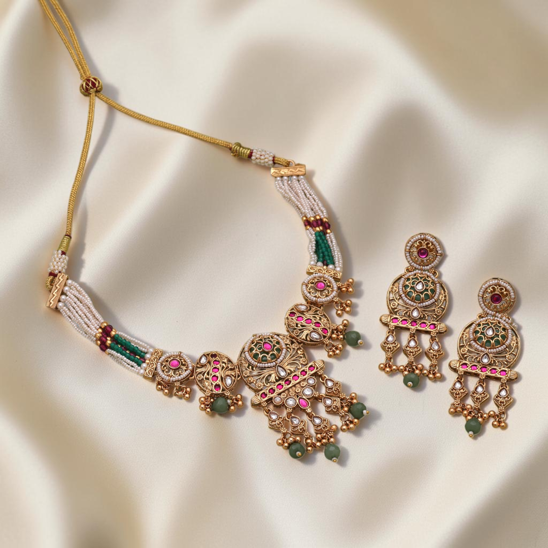 Temple necklace with earrings - matte gold