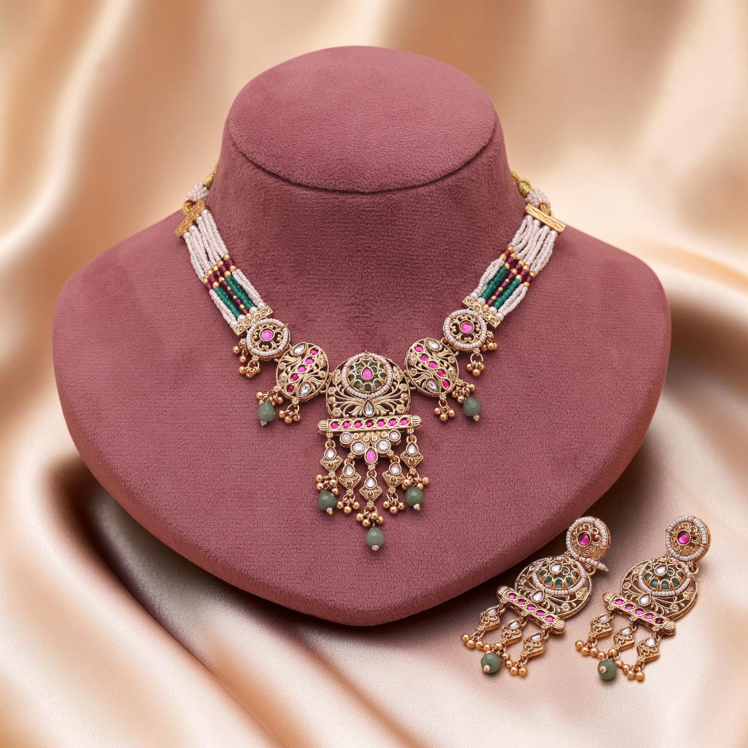 Temple necklace with earrings - matte gold