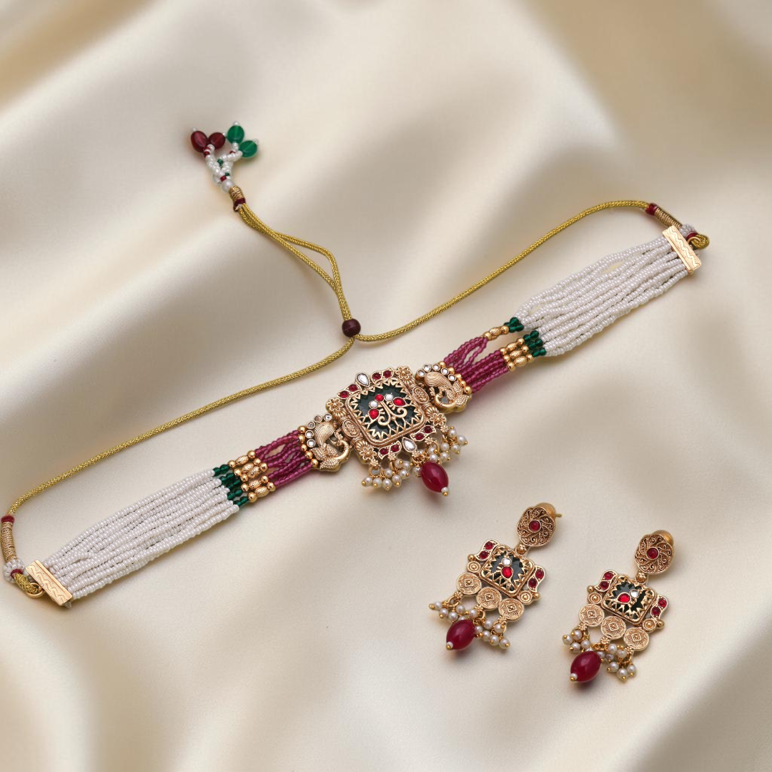 Tempel Halskette ( Choker)  mit Ohrringe - matt Gold
