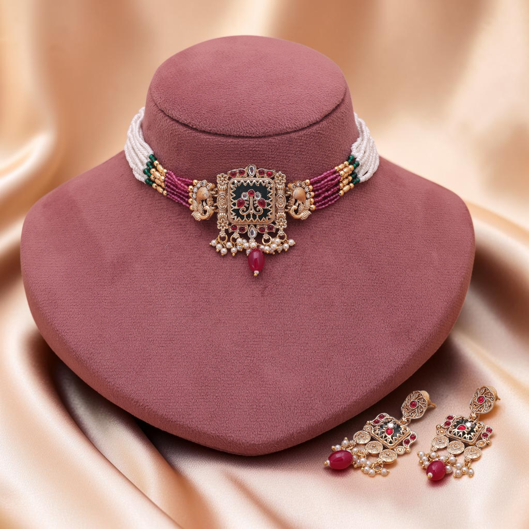 Tempel Halskette ( Choker)  mit Ohrringe - matt Gold