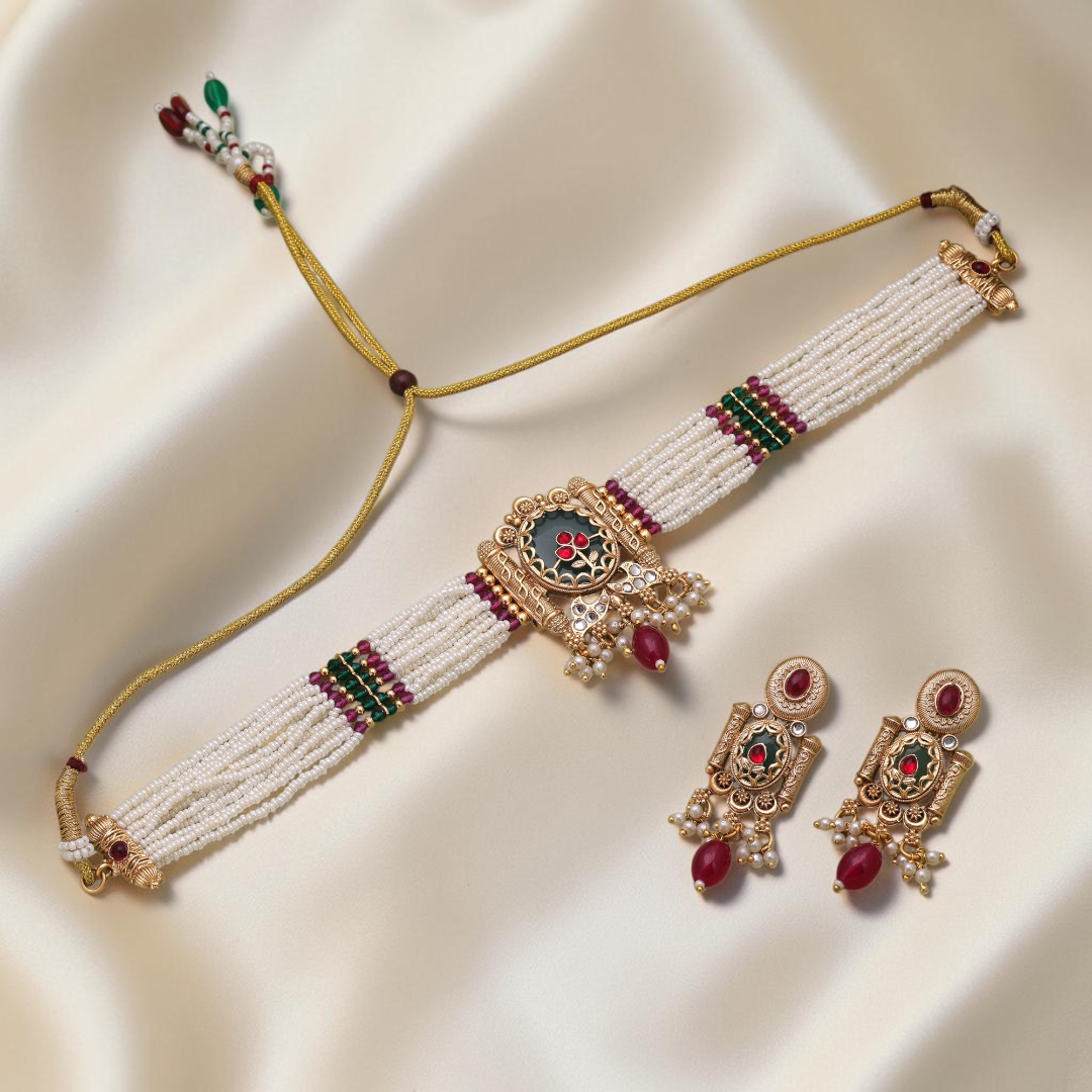 Tempel Halskette (Choker)  mit Ohrringe - matt