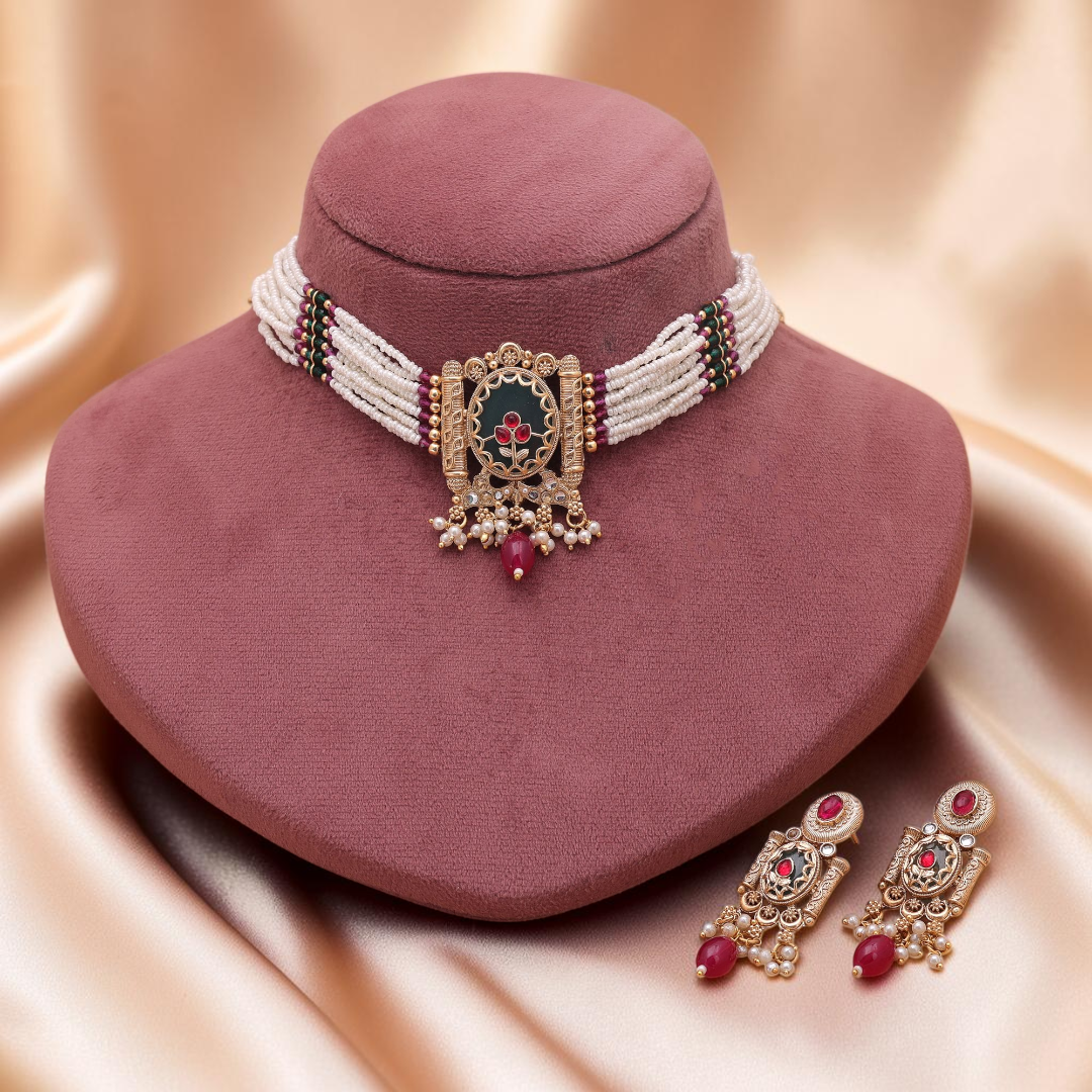 Tempel Halskette (Choker)  mit Ohrringe - matt