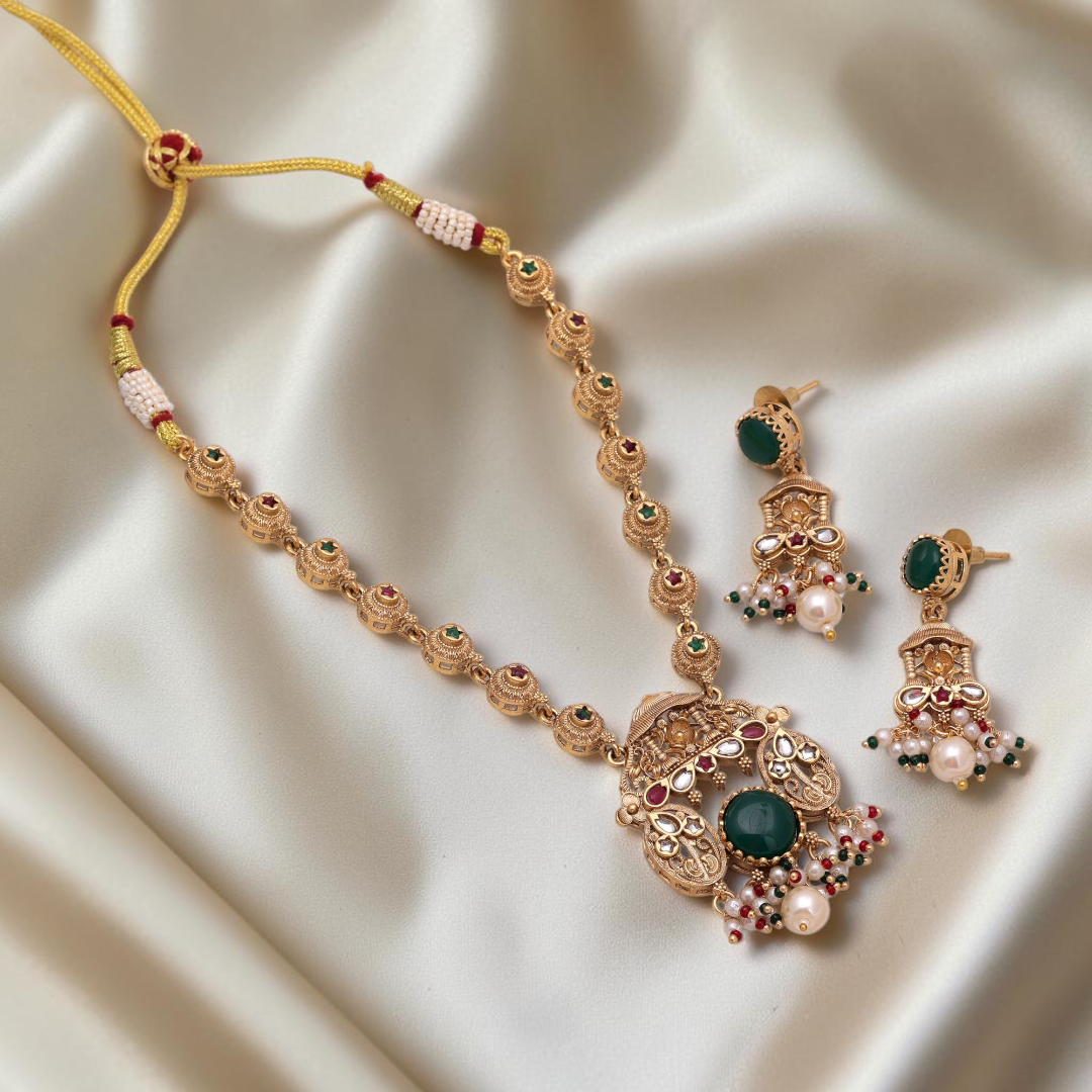 Temple necklace with earrings - matte gold