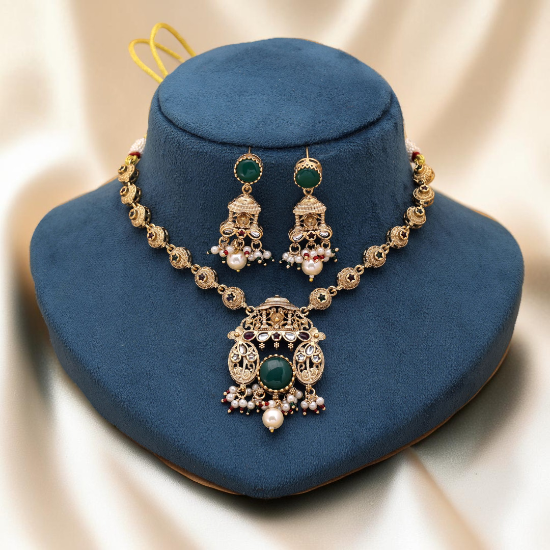 Temple necklace with earrings - matte gold