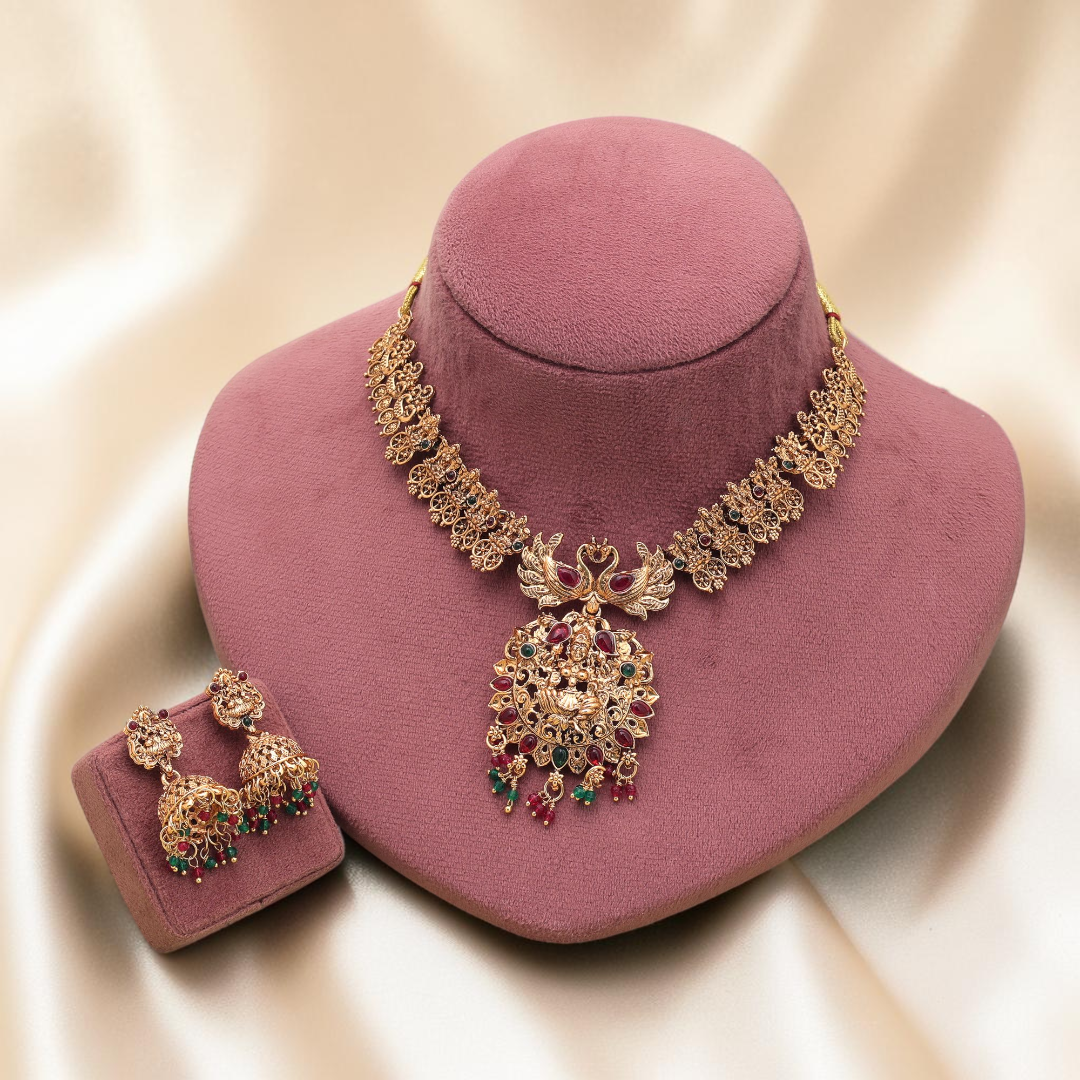 Temple necklace with earrings - matte gold