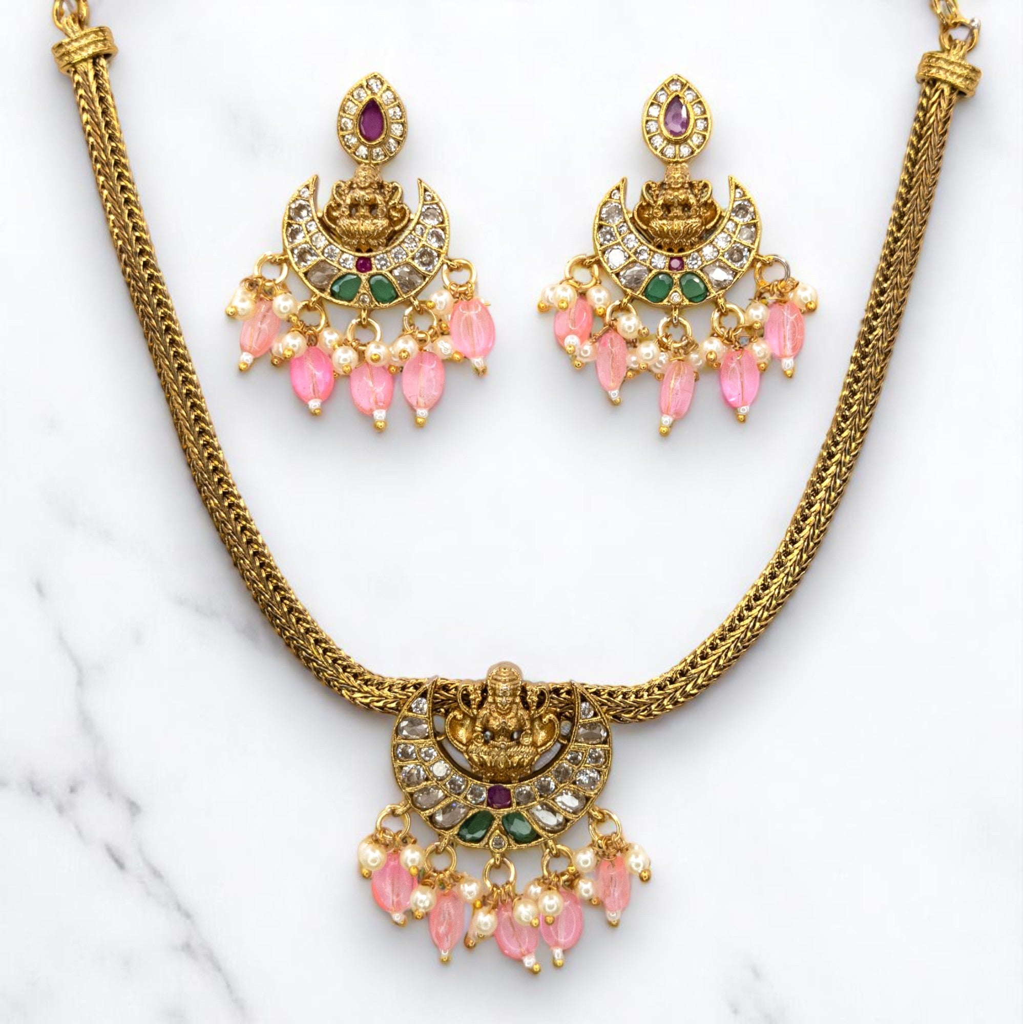 Tempel Halskette gold | Peach | mit Ohrringe