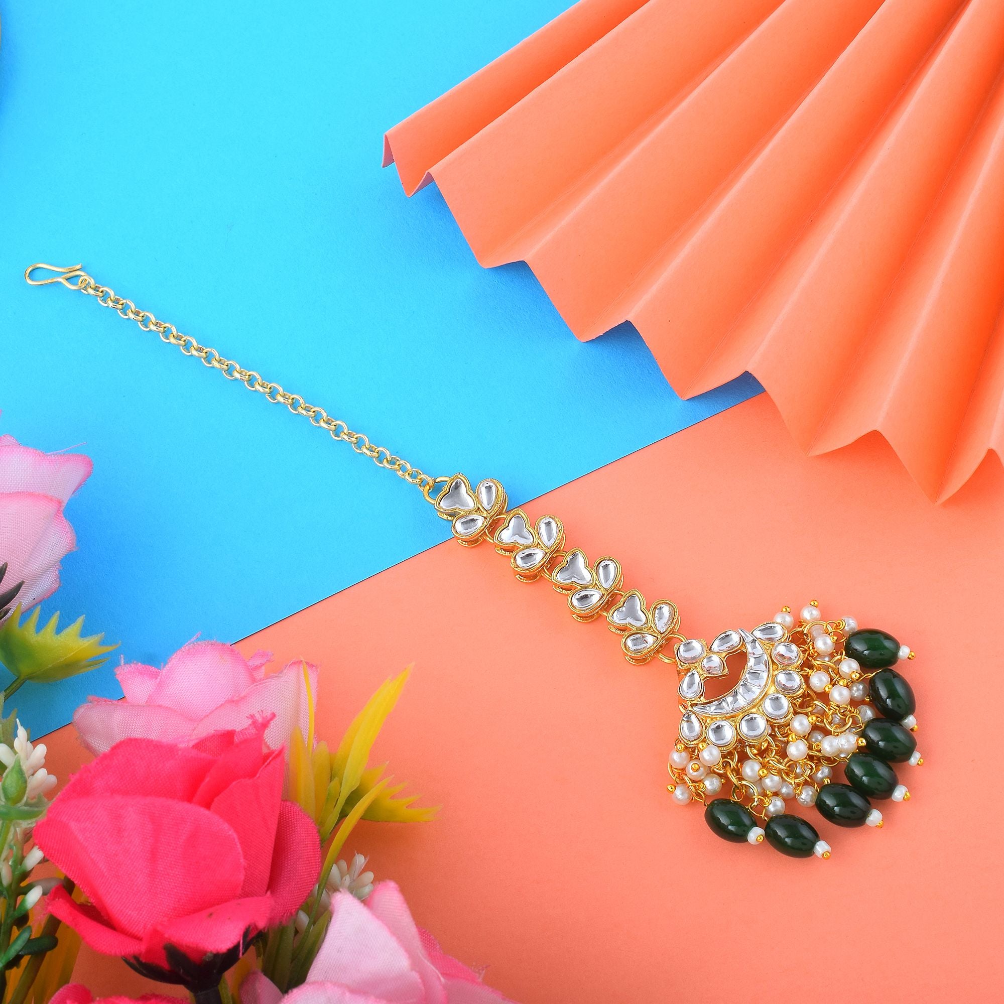 Kundan Maang Tikka - gold| grün