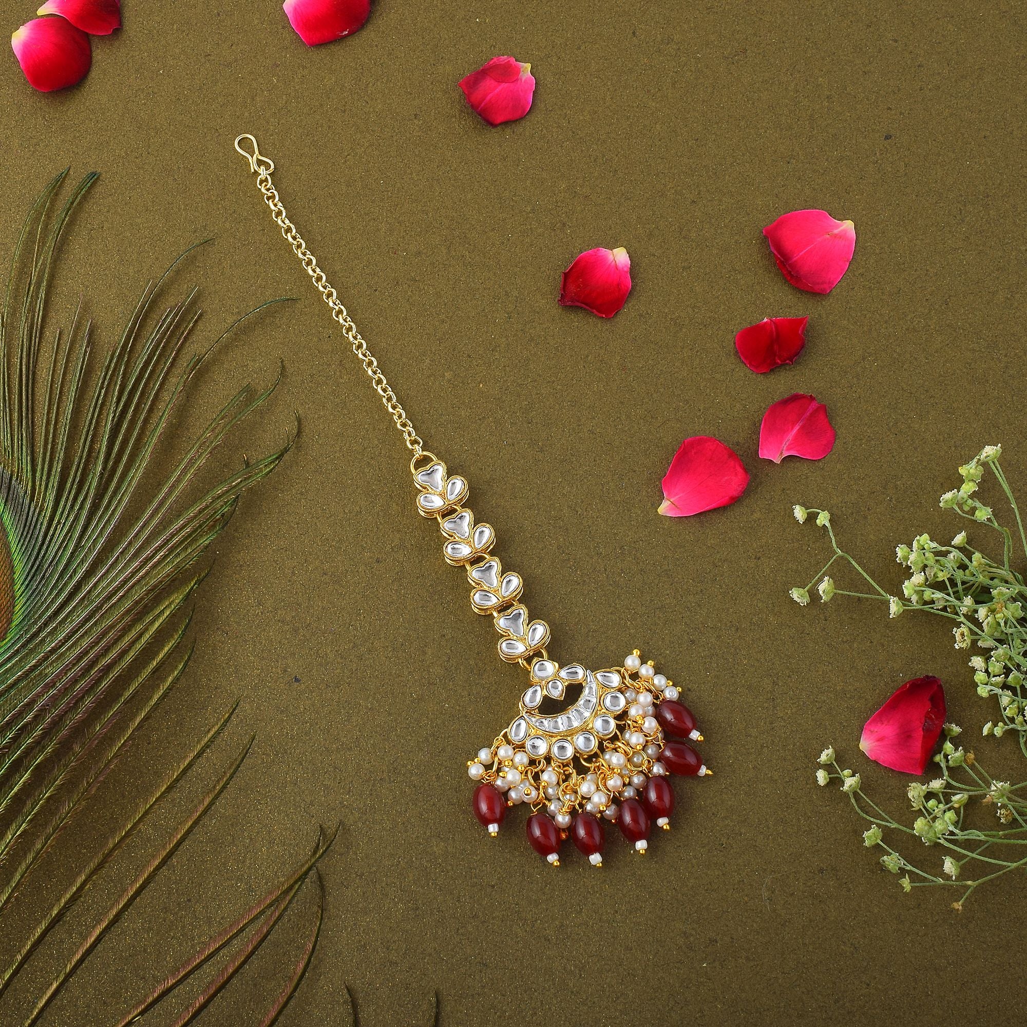 Kundan Maang Tikka - gold| maroon