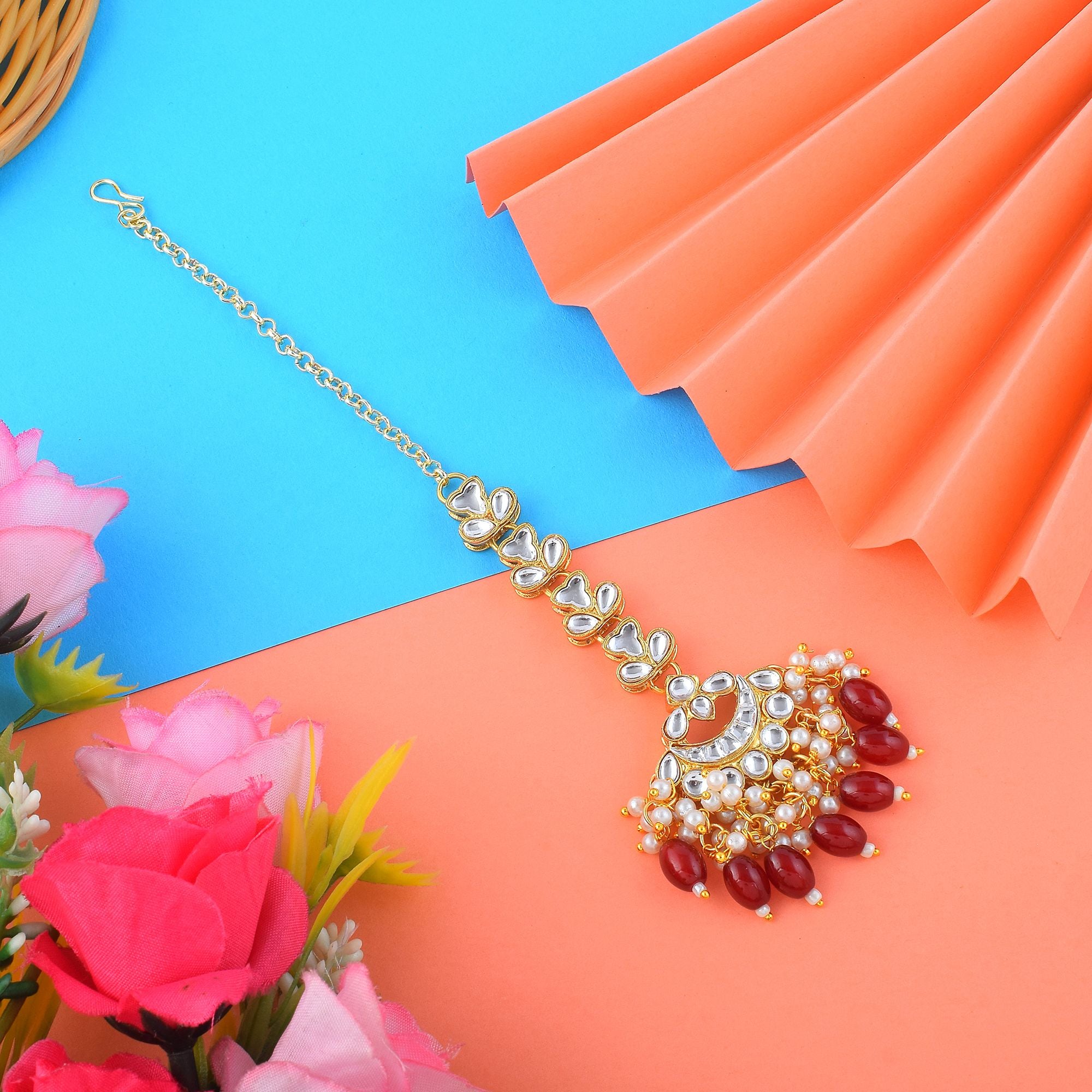 Kundan Maang Tikka - gold| maroon