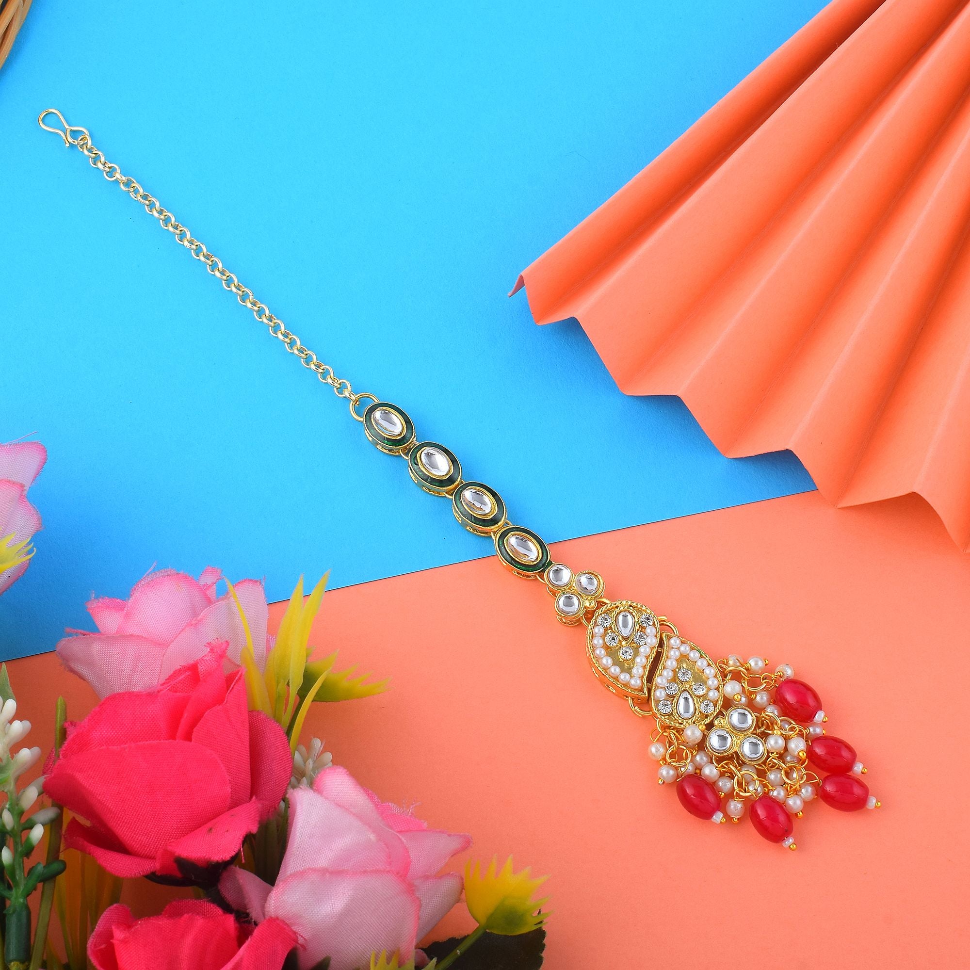 Kundan Maang Tikka - gold| magenta