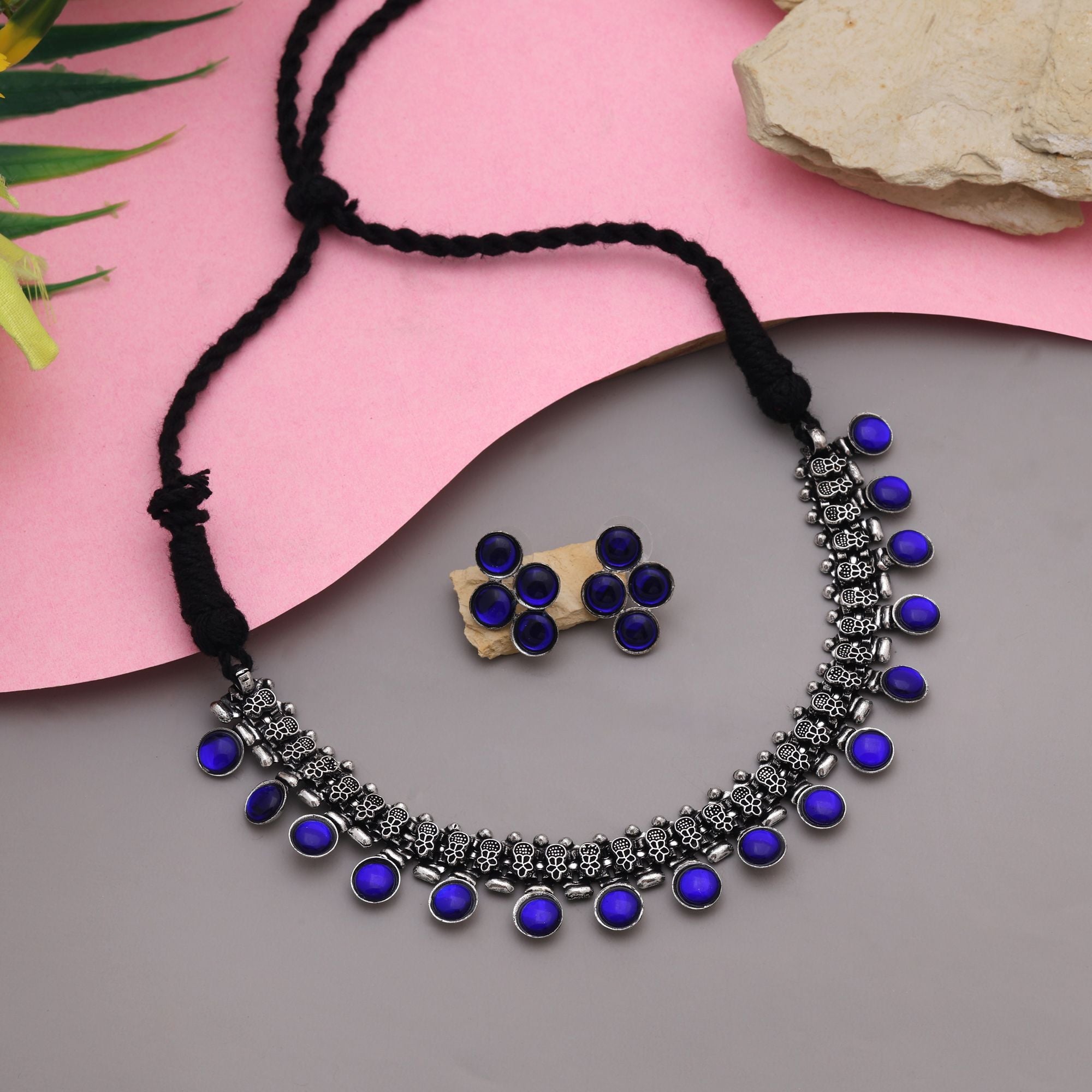 Halskette mit Ohrringe - Oxidiert | blau