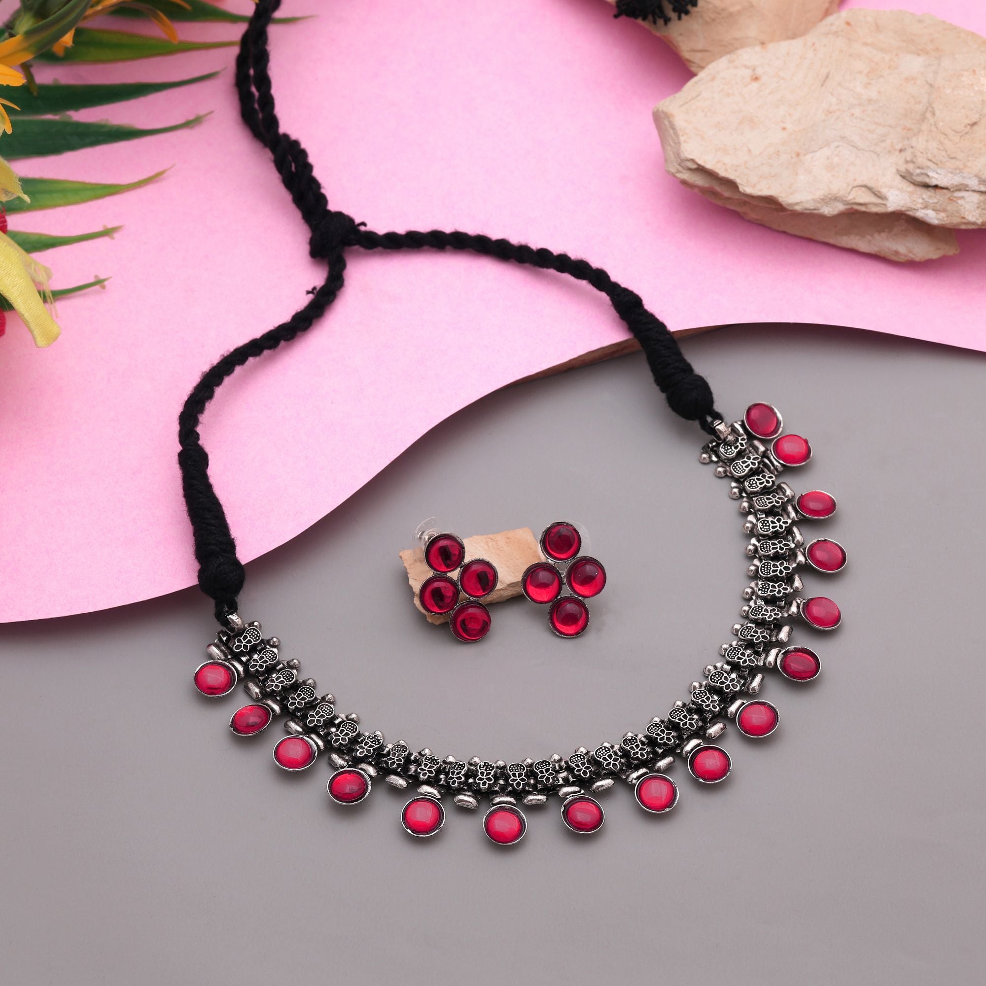 Halskette mit Ohrringe - Oxidiert | magenta