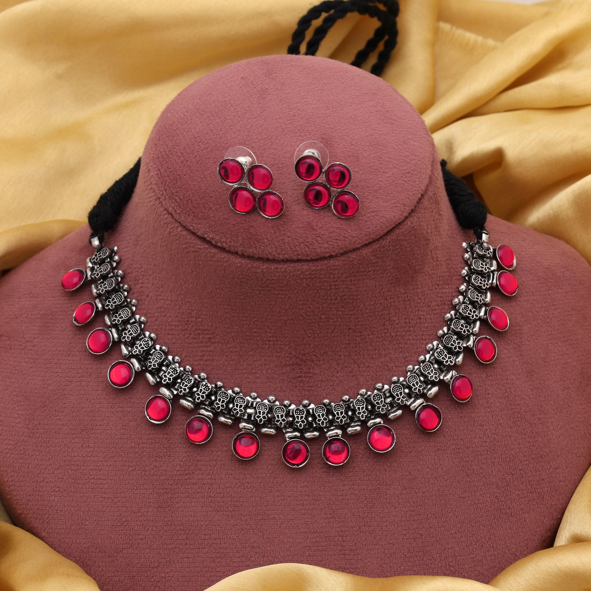 Halskette mit Ohrringe - Oxidiert | magenta