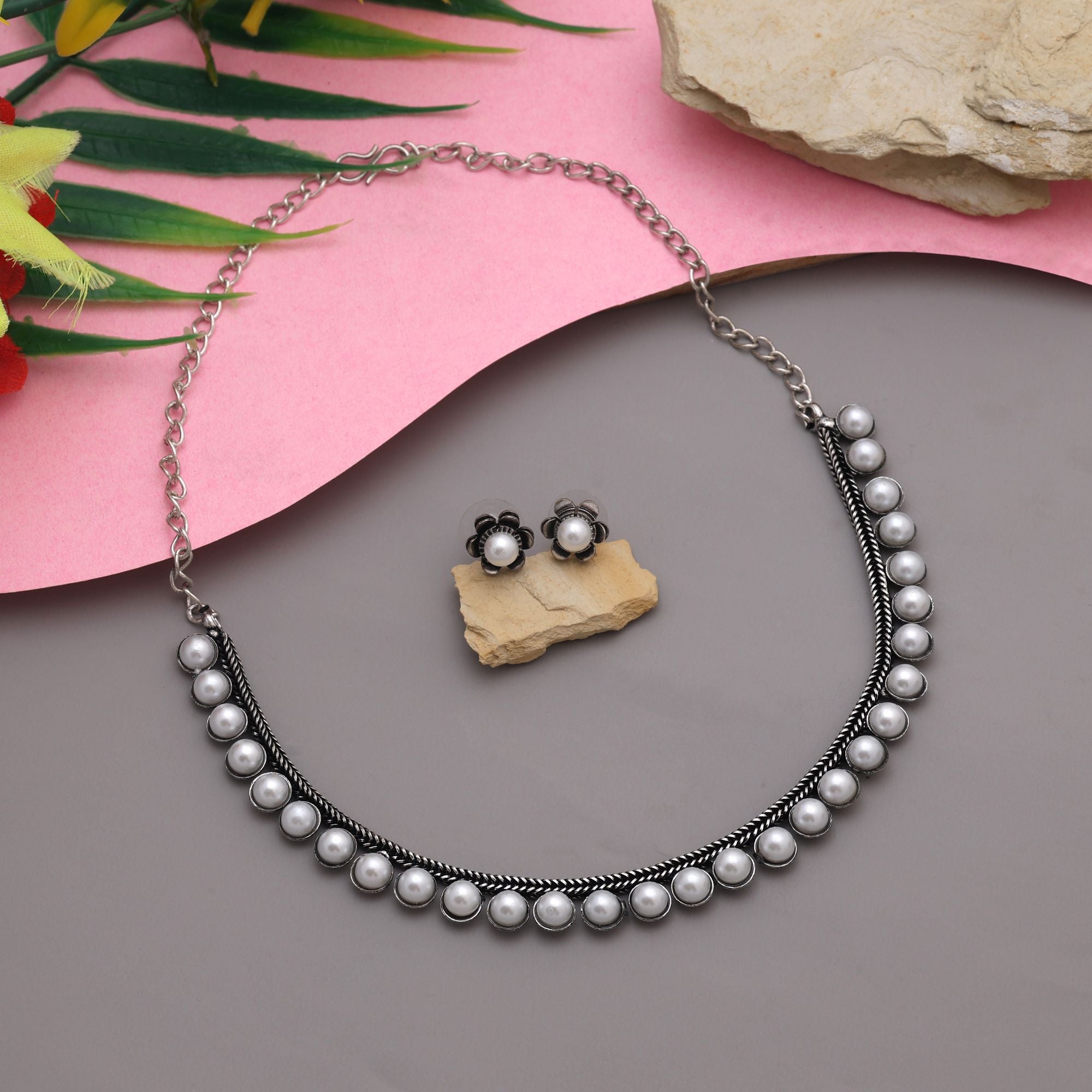 Halskette mit Ohrringe - Oxidiert | weiß