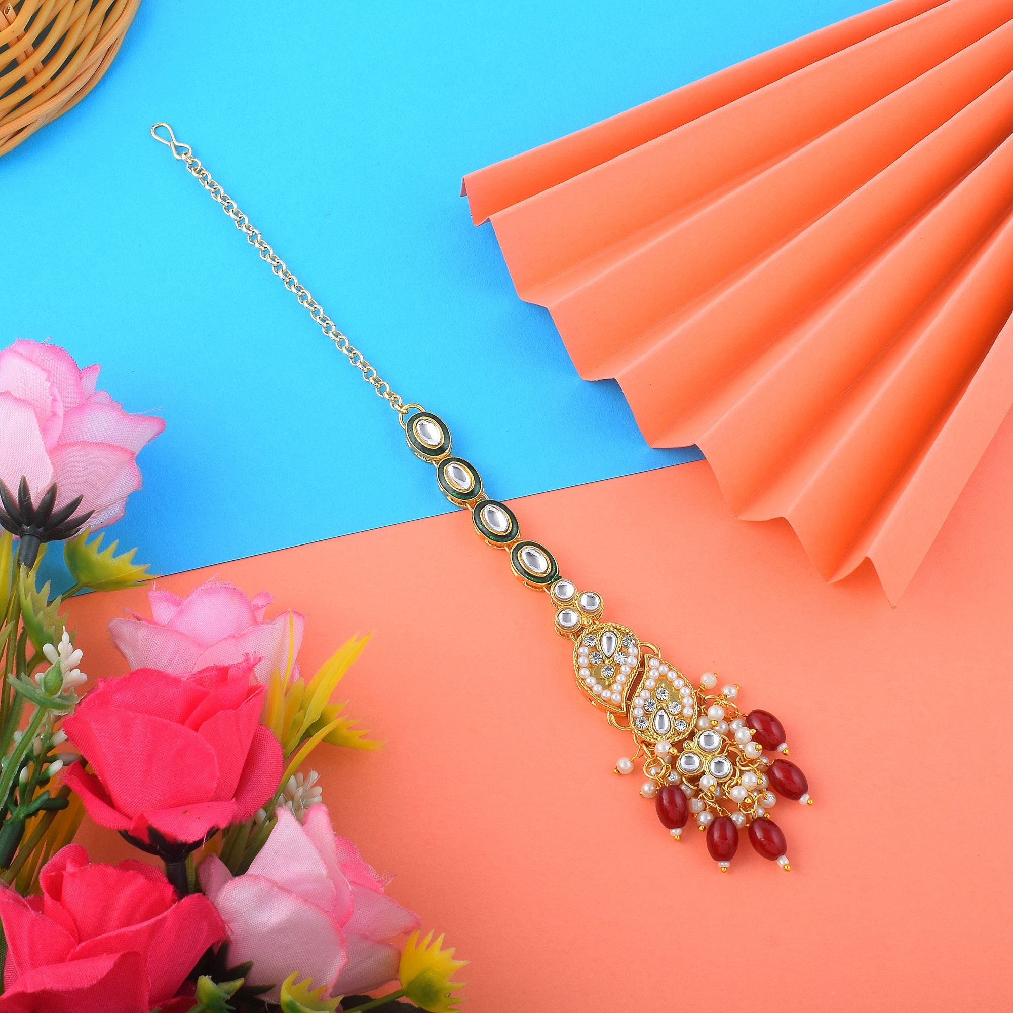 Kundan Maang Tikka - gold| maroon