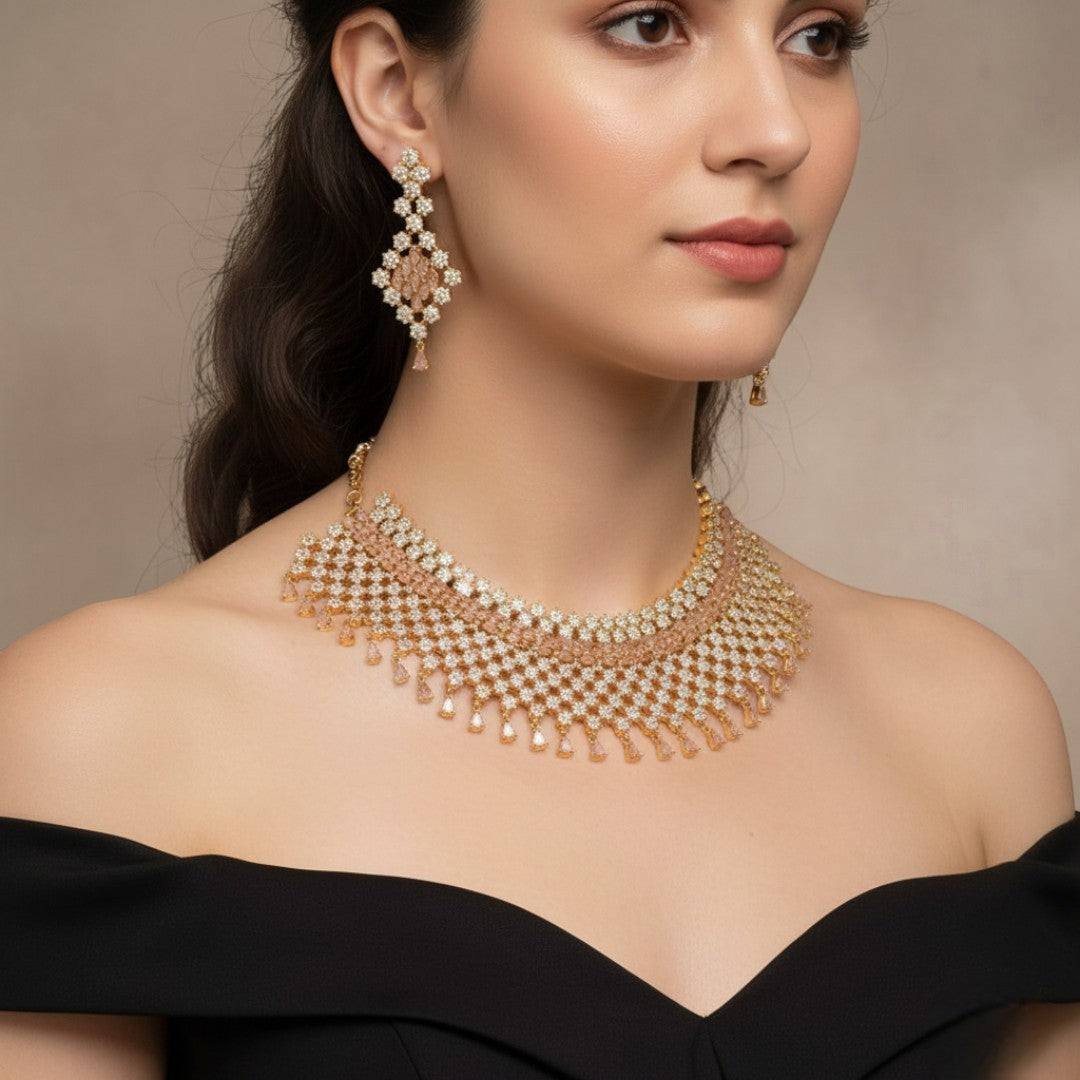 Victorian Choker Halskette mit Ohrringe - gold | rosa