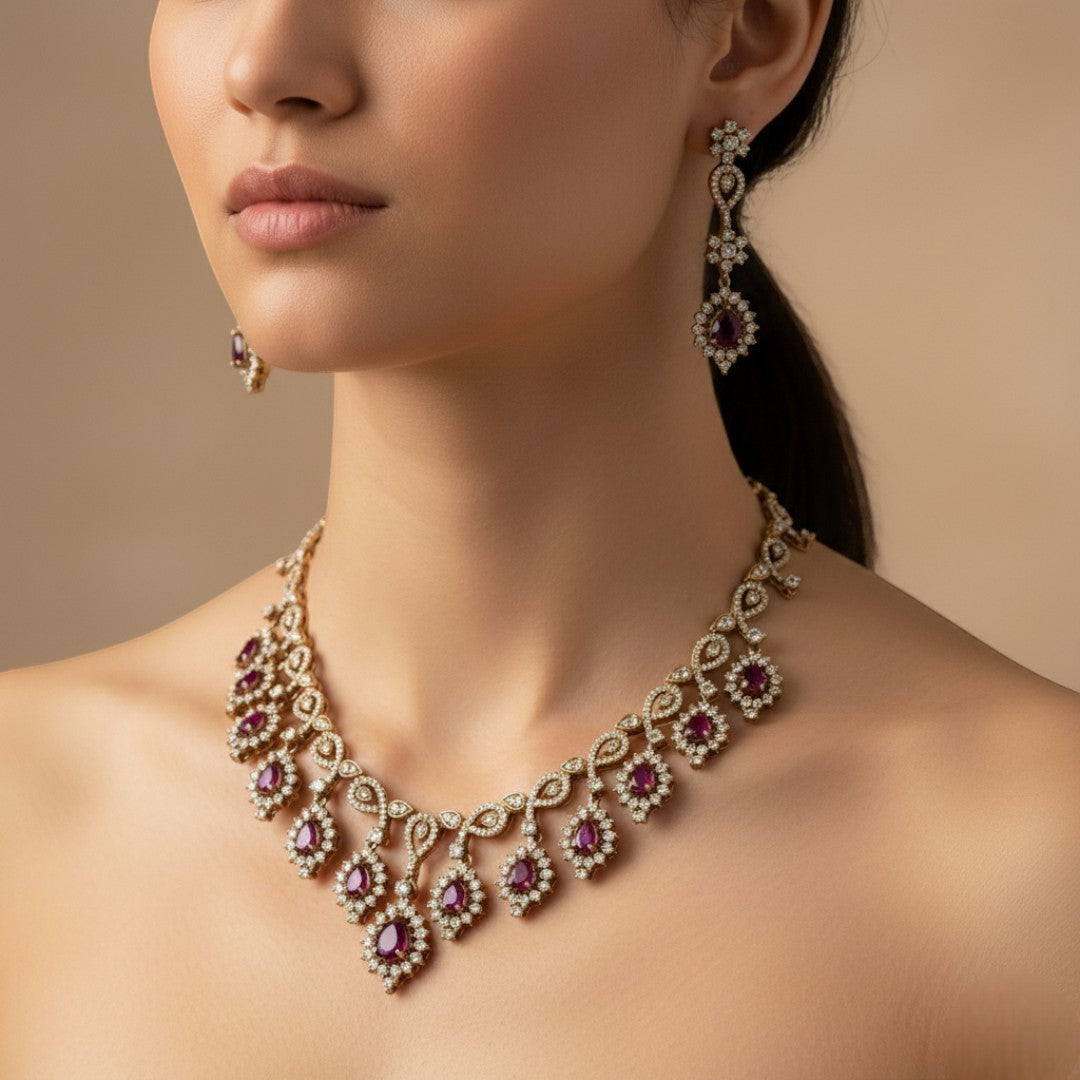 Victorian  Halskette mit Ohrringe  - gold | magenta