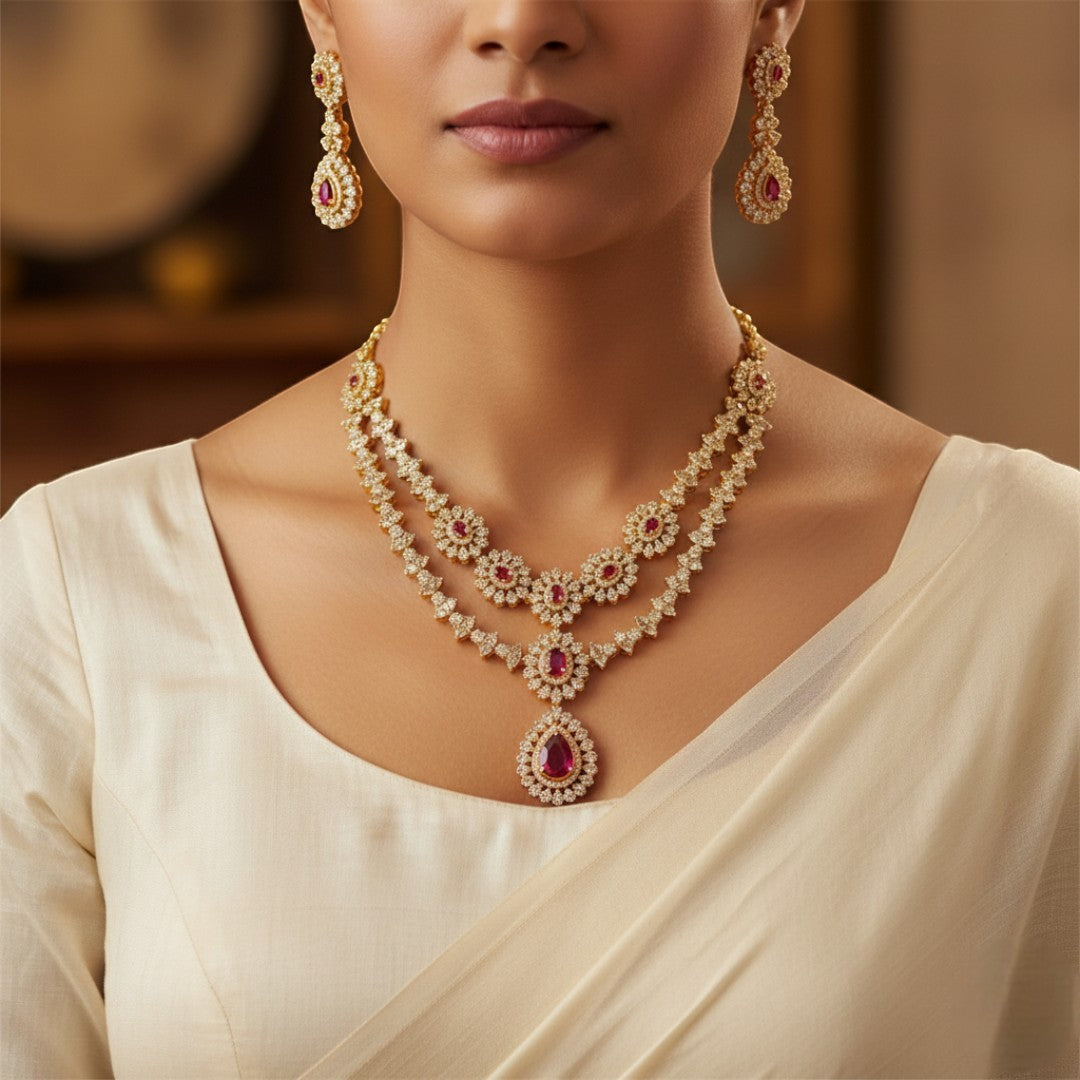 Victorian Layered Halskette mit passenden Ohrringen - gold | magenta