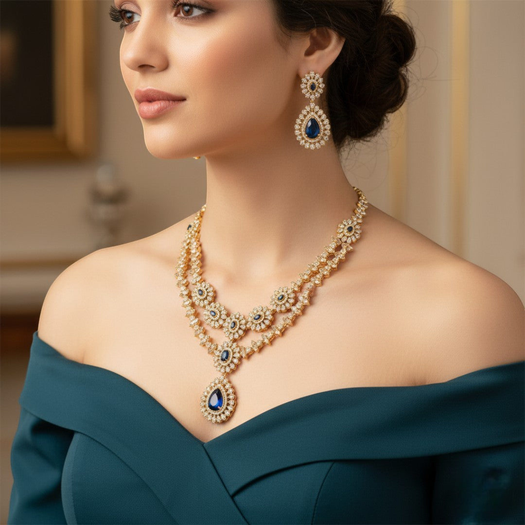 Victorian Layered Halskette mit passenden Ohrringen - gold | blau