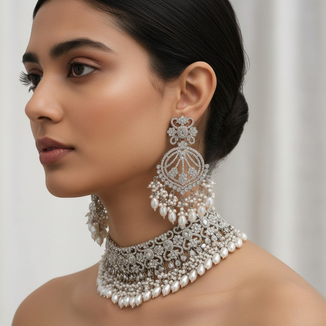 Polki Choker Halskette mit Ohrringe, Passa & Tikka - silber (Braut Schmuck)