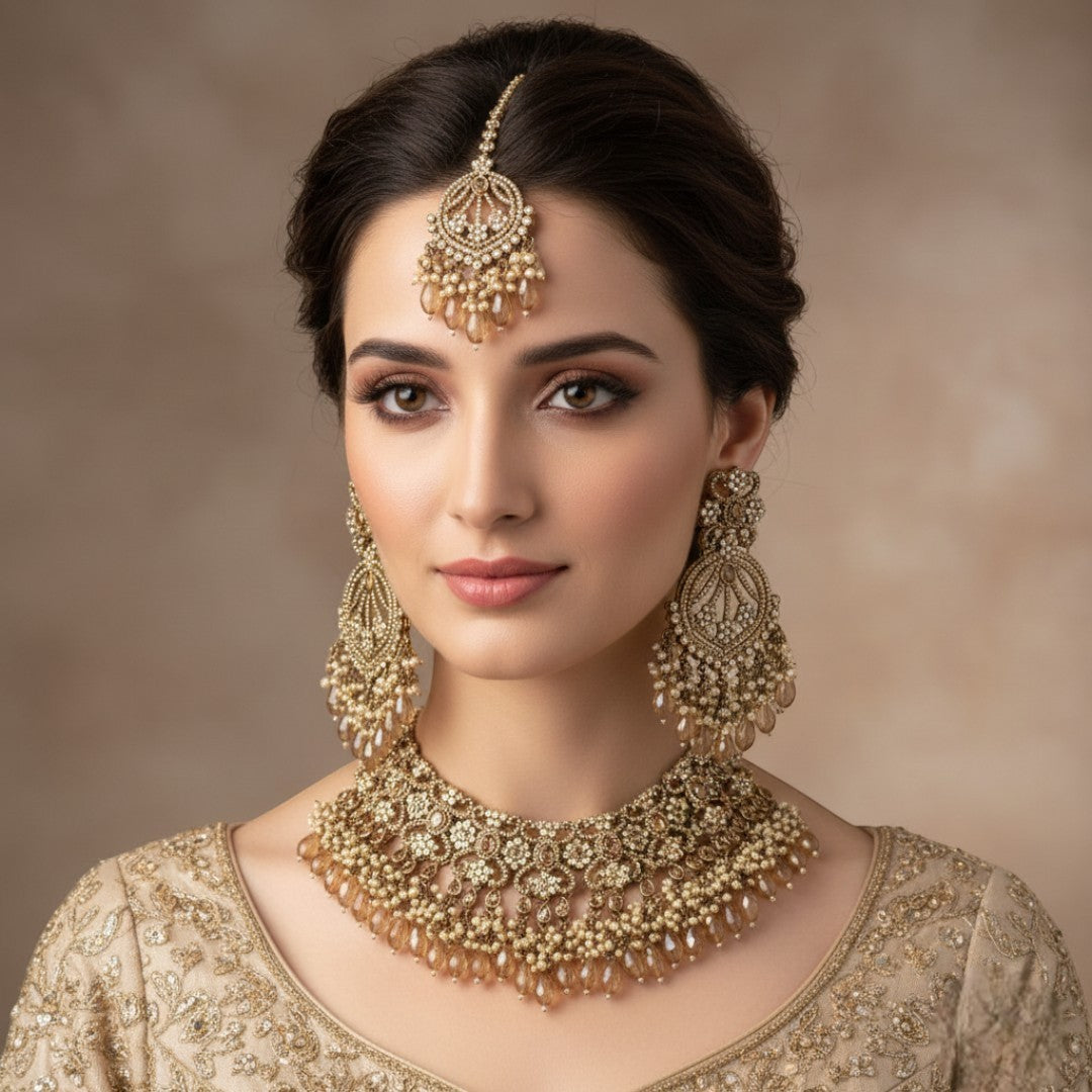 Polki Choker Halskette mit Ohrringe, Passa & Tikka - gold