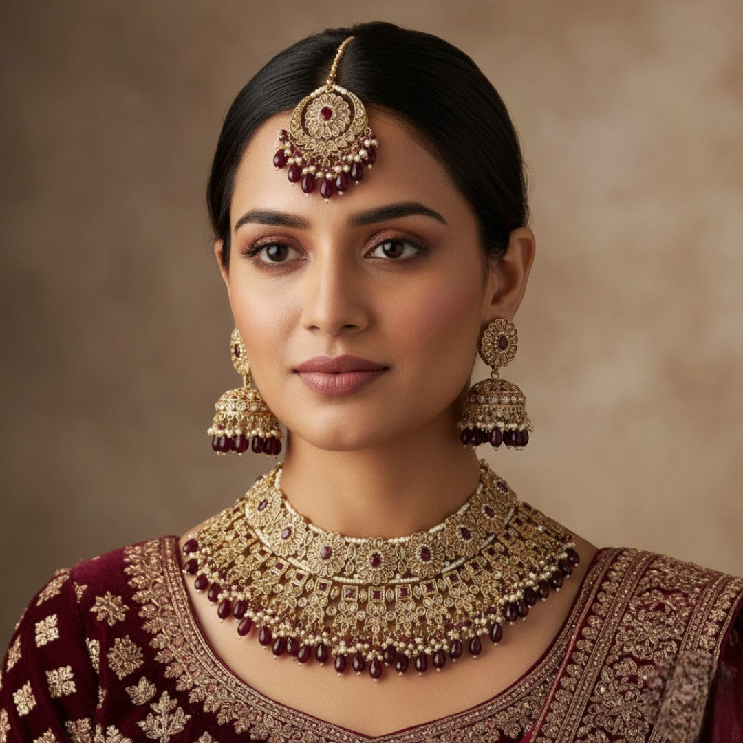 Polki Choker Halskette mit Ohrringe & Tikka - gold | Maroon | Braut