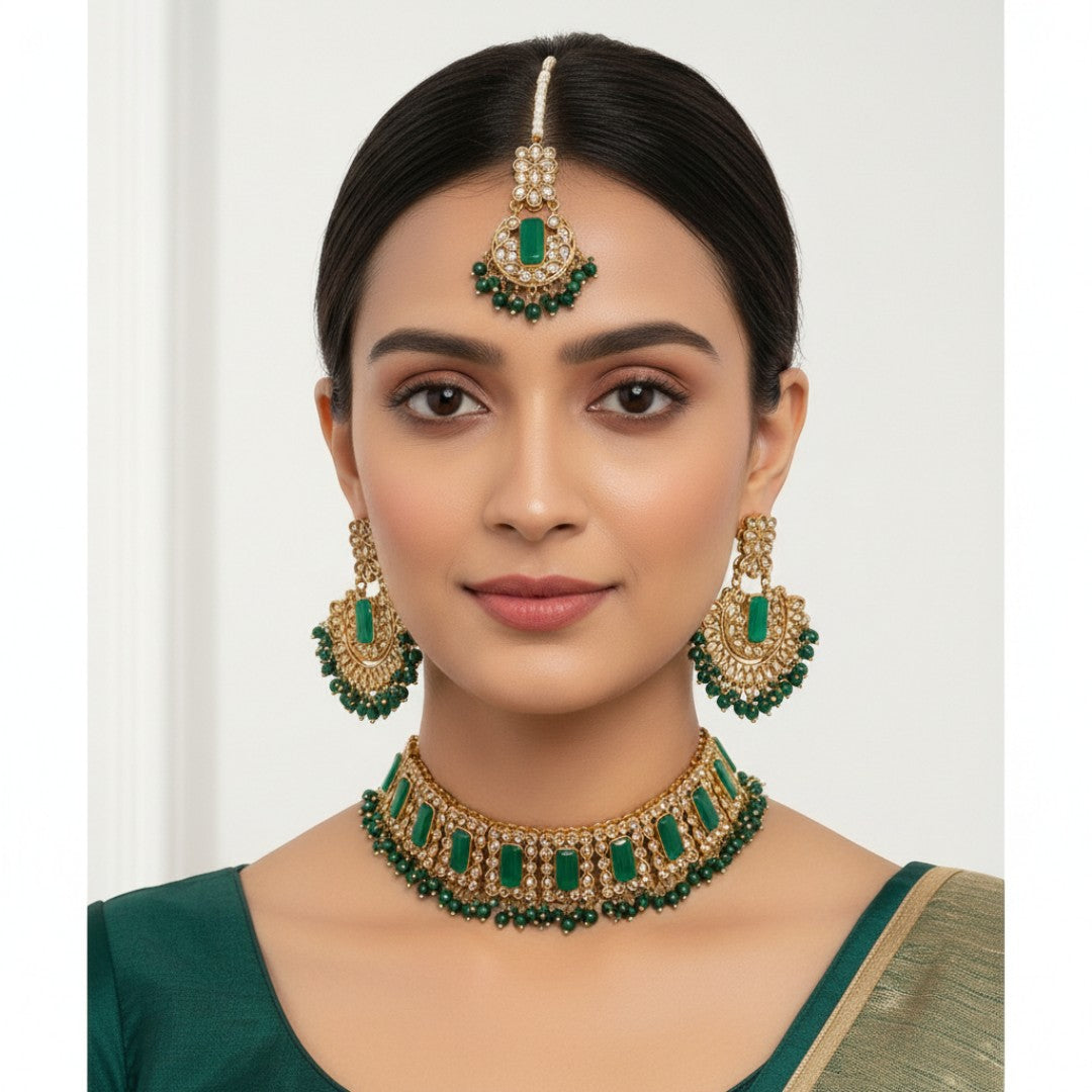 Polki Choker Halskette mit Ohrringe & Tikka - gold | grün