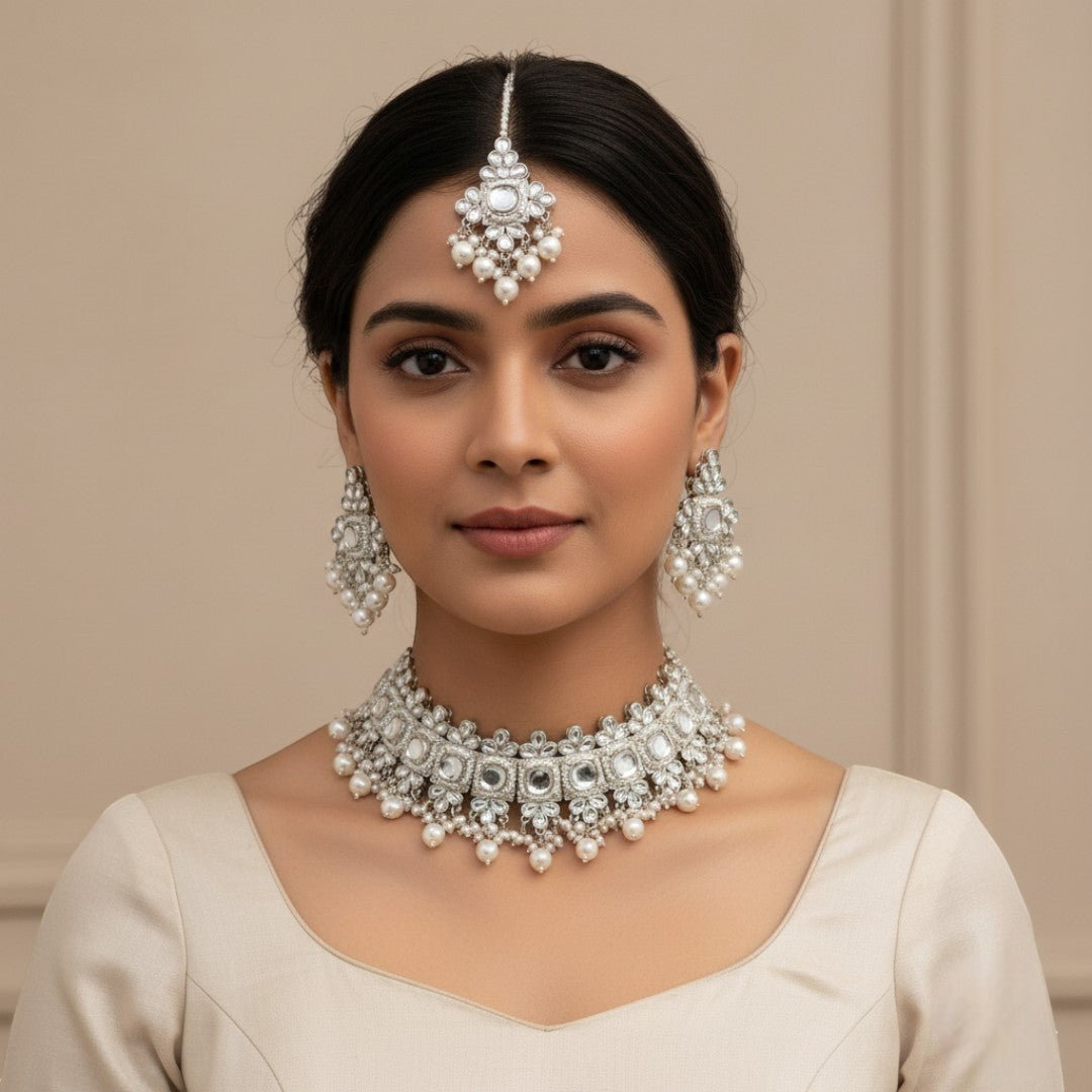 Polki Choker Halskette mit Ohrringe & Tikka | silber