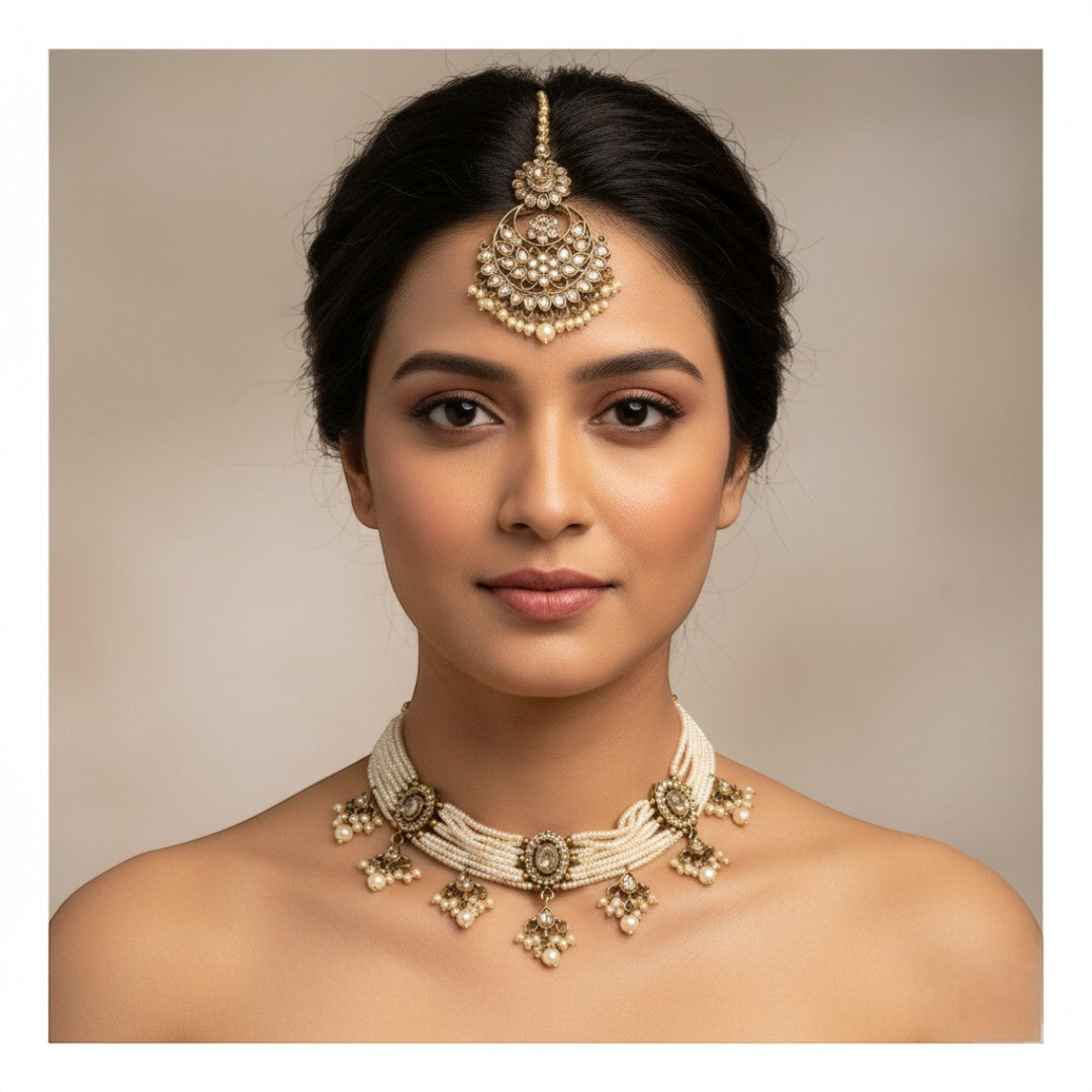Polki  Choker Halskette  mit Ohrringe & Tikka | gold