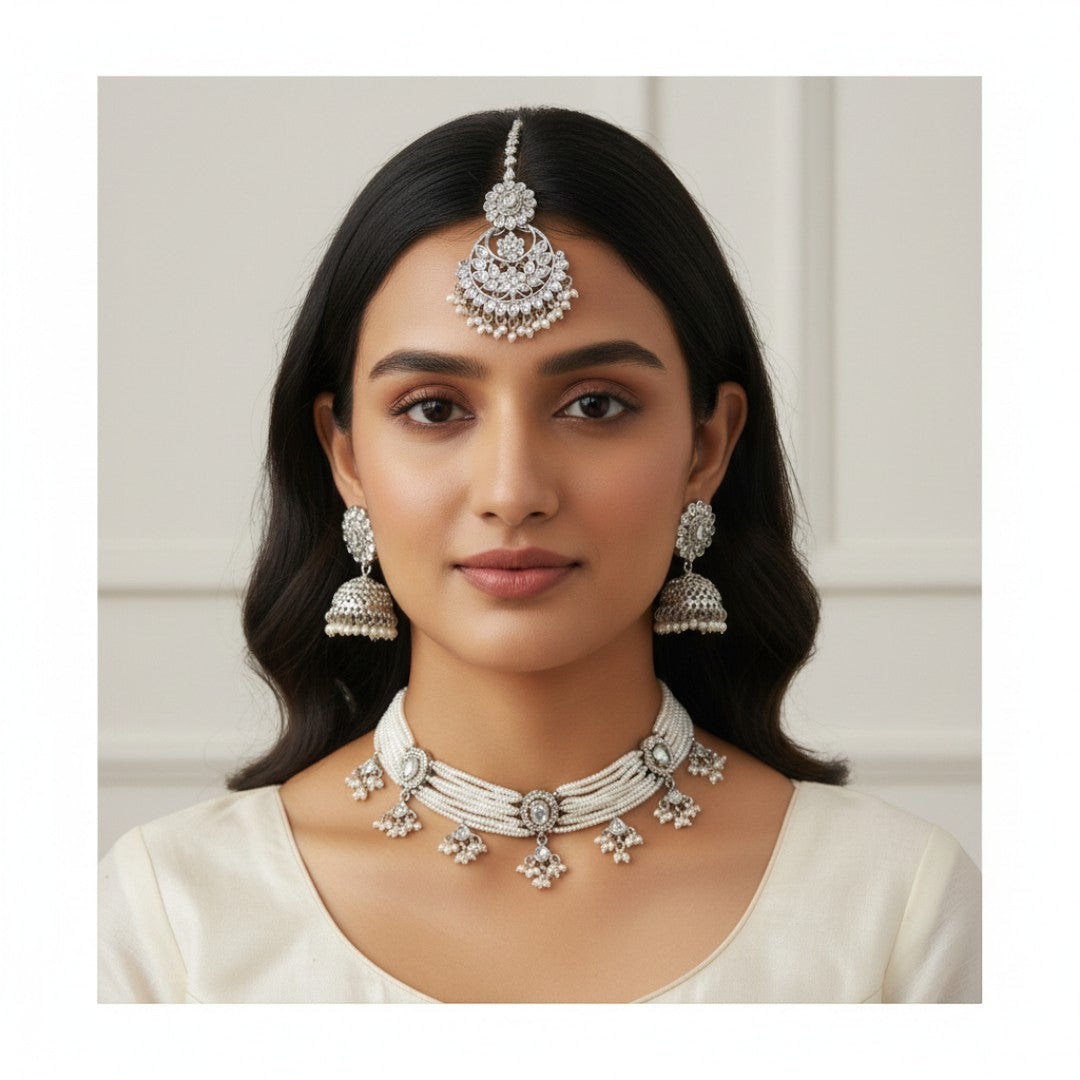 Polki  Choker Halskette  mit Ohrringe & Tikka | silber