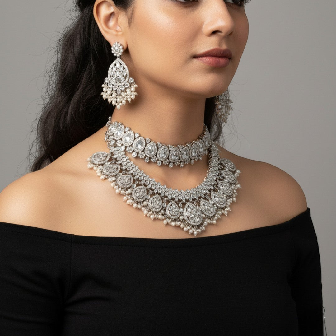 Polki Choker Halskette  & Halskette mit Ohrringe , Tikka - silber | Braut