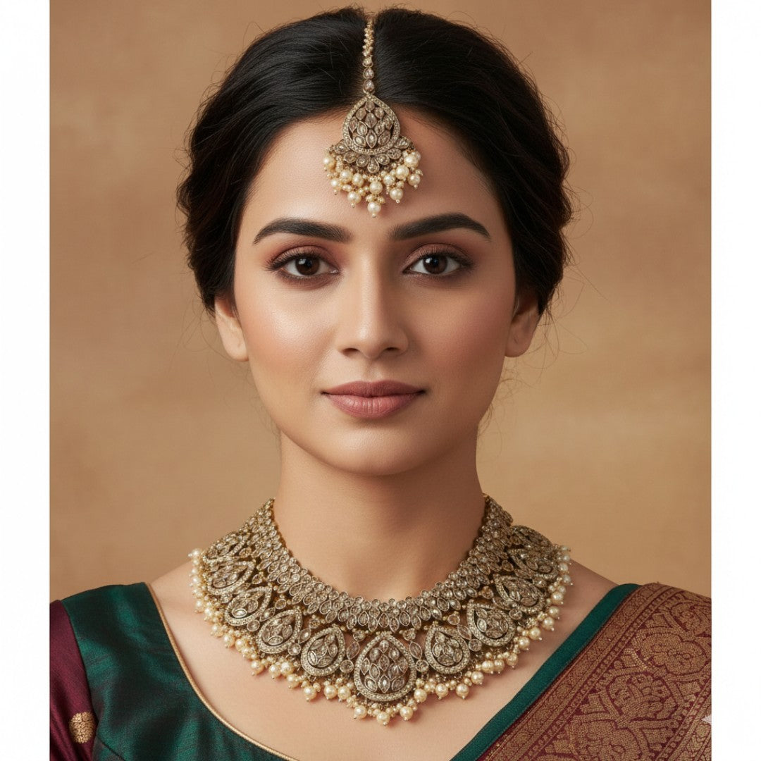 Polki Choker Halskette  & Halskette mit Ohrringe , Tikka - gold | Braut