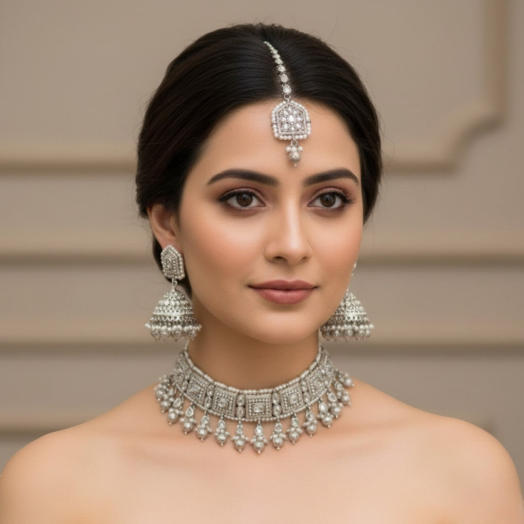Polki Gold Choker Halskette | mit Ohrringe & Tikka | silber