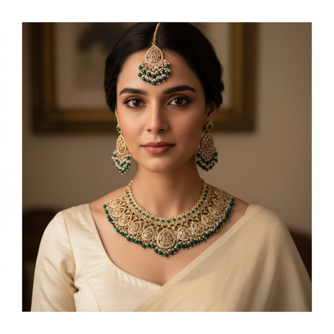 Polki Choker Halskette  & Halskette mit Ohrringe , Tikka - gold, grün | Braut