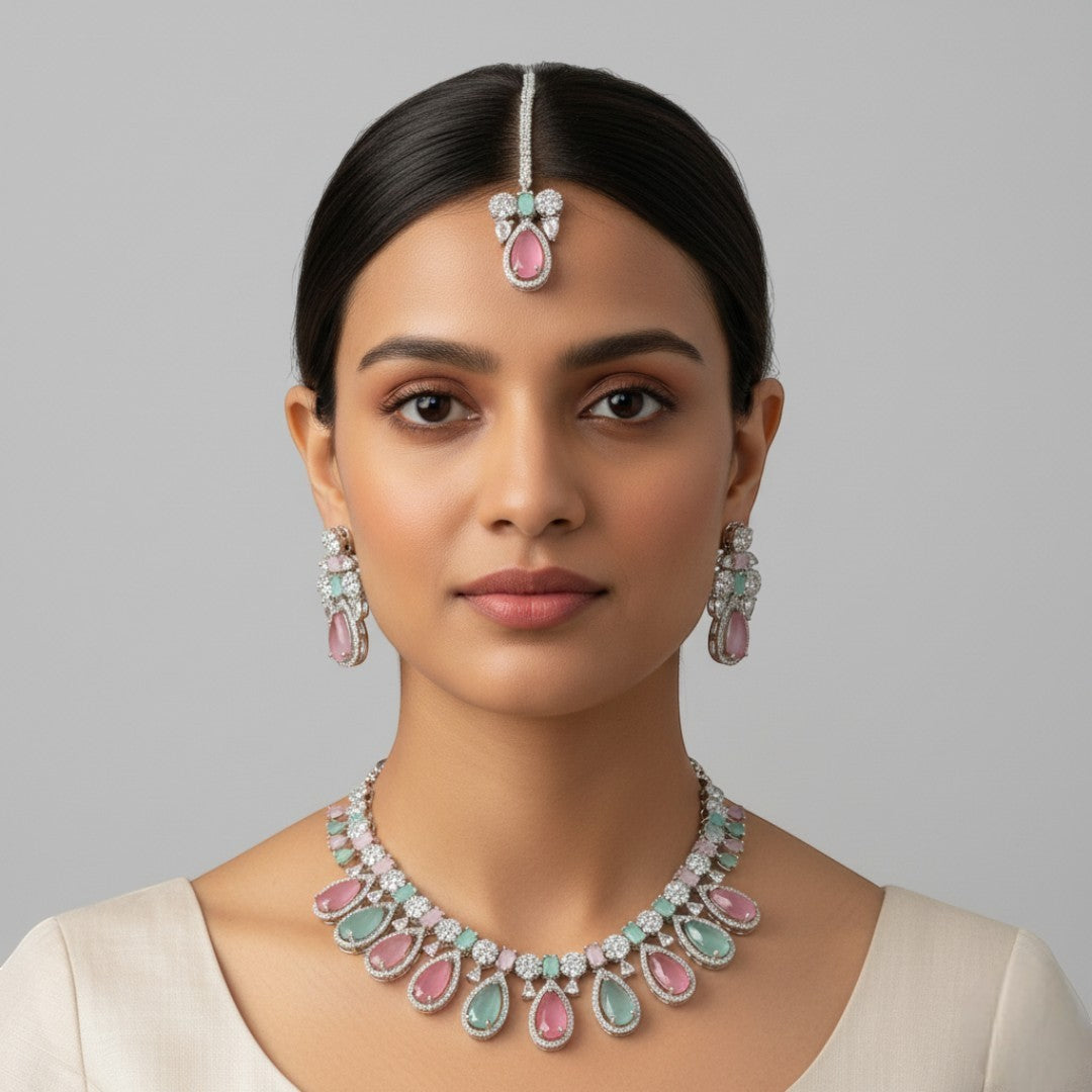 Victorian  Halskette mit Ohrringe  und tikka - silber | mint, rosa