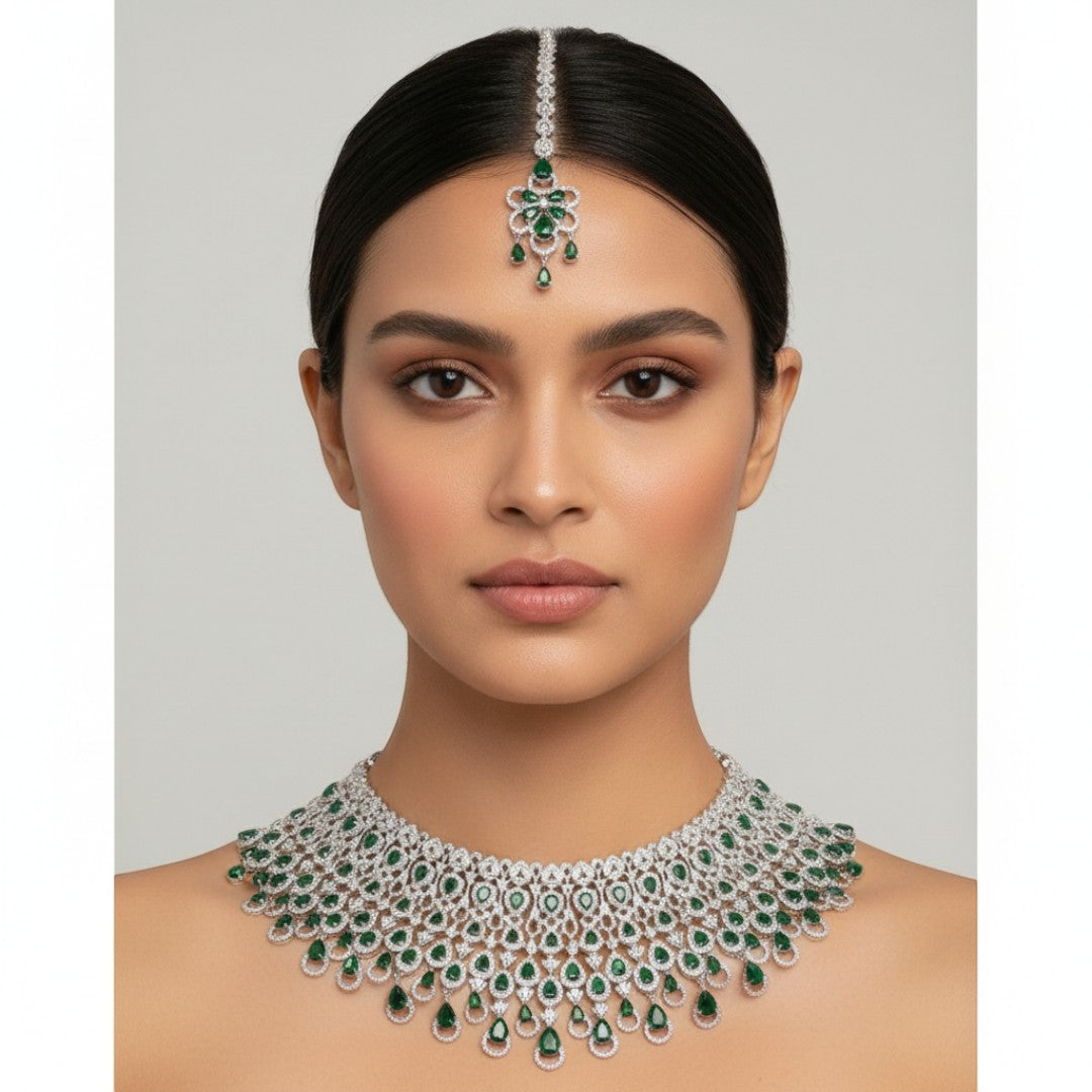 Victorian Choker Halskette mit Ohrringe und tikka - Silber | grün