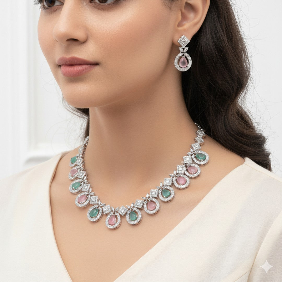 Victorian  Halskette mit Ohrringe  - silber | mint, rosa