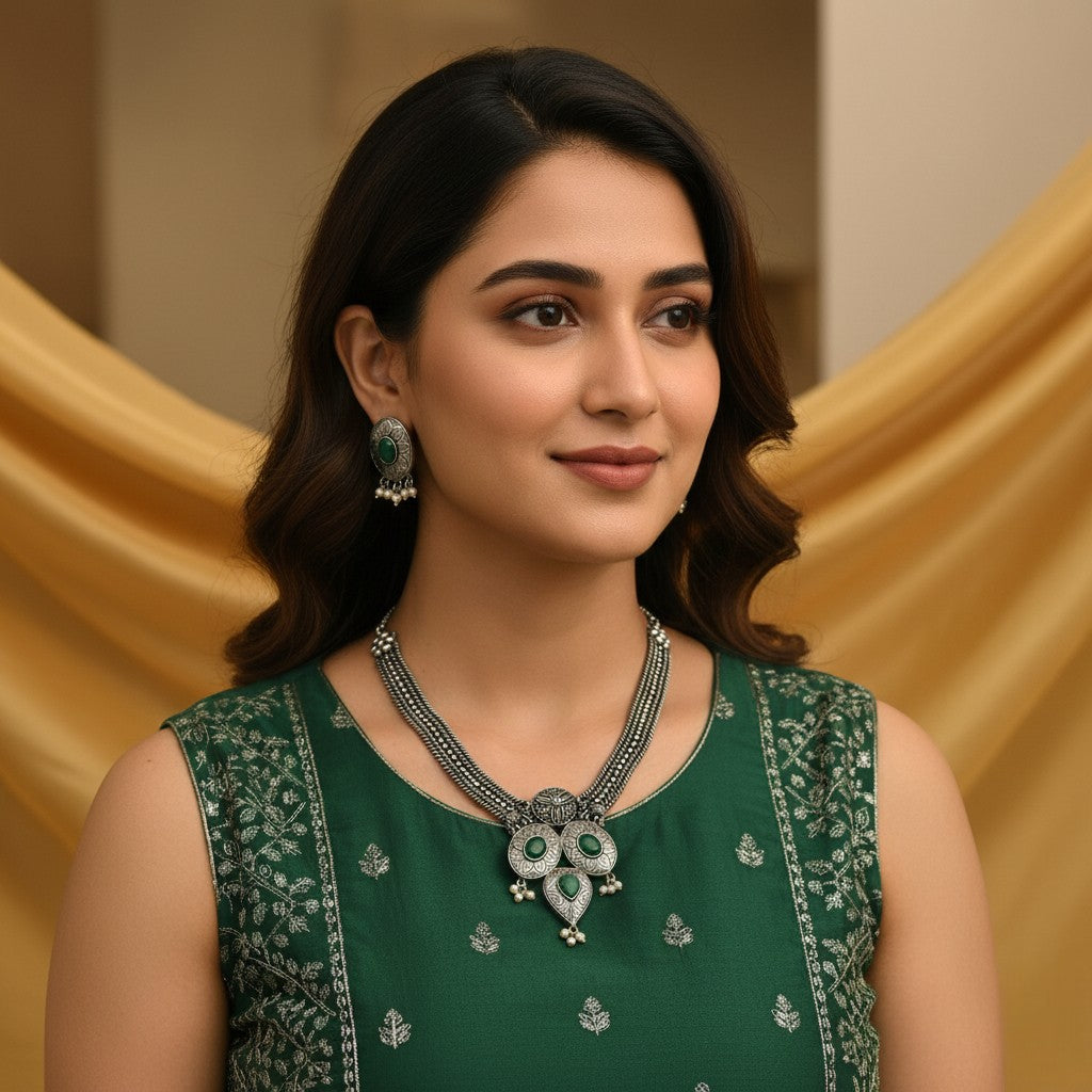 Halskette mit Ohrringe - Oxidiert | grün