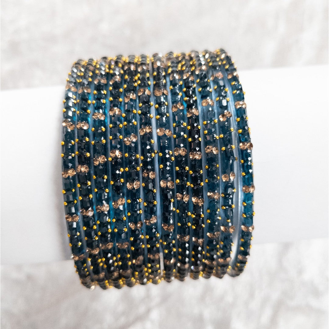 Rain Drop Glass Bangles – Set of 12 - Dark Blue
