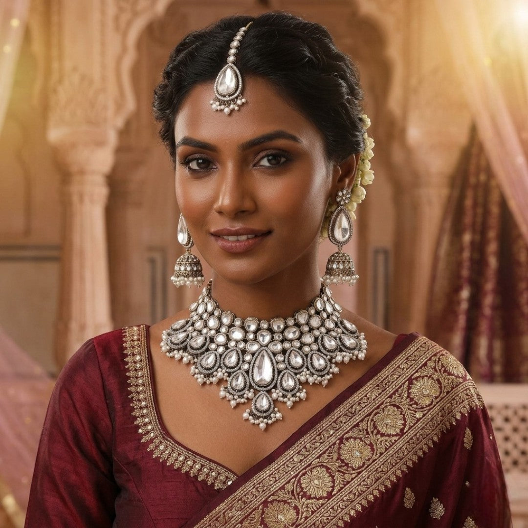 Kundan Halskette mit Ohrringe & Tikka - gold |  weiß